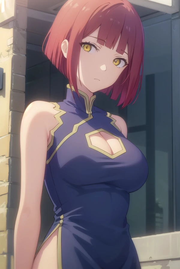 zakurokurumaki, <lora:zakuro kurumaki hnu-lora-nochekaiser:1>,
zakuro kurumaki, short hair, bangs, (yellow eyes:1.3), red hair, bob cut,
BREAK dress, cleavage, sleeveless, clothing cutout, sleeveless dress, chinese clothes, cleavage cutout, china dress, side slit,
BREAK outdoors, city, sun, clouds,
BREAK looking at viewer, (cowboy shot:1.5),
BREAK <lyco:GoodHands-beta2:1>, (masterpiece:1.2), best quality, high resolution, unity 8k wallpaper, (illustration:0.8), (beautiful detailed eyes:1.6), extremely detailed face, perfect lighting, extremely detailed CG, (perfect hands, perfect anatomy),