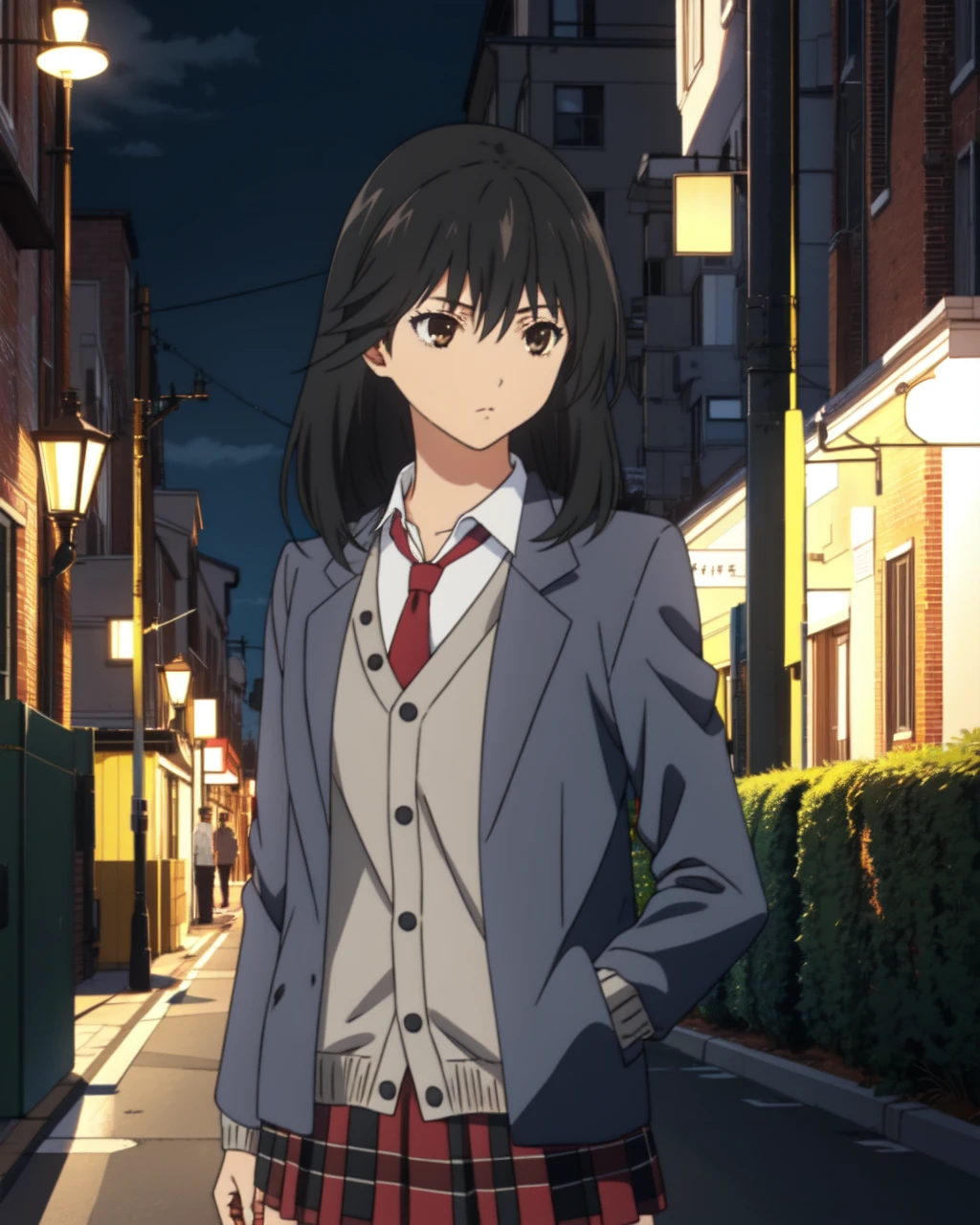 masterpiece, high quality, 1girl, misakiyamamoto, brown eyes, black hair, white shirt, red tie, grey sweater, blue jacket, red striped skirt, medium shot, upper body, outdoors, city, street, night, <lora:misakiyamamoto-000010:0.9>