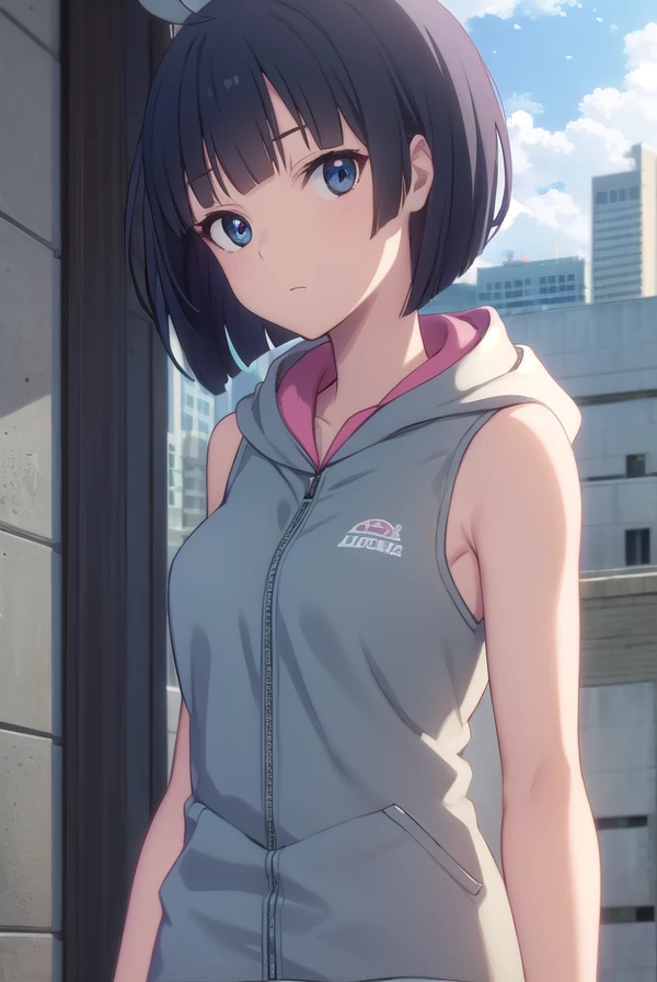 toukakishi, <lora:touka kishi hnu-lora-nochekaiser:1>,
touka kishi, short hair, black hair, bob cut, bangs, blunt bangs, (black eyes:1.3), ahoge,
BREAK skirt, hood, hoodie, sleeveless, hood down, sleeveless hoodie,
BREAK outdoors, city, sun, clouds,
BREAK looking at viewer, (cowboy shot:1.5),
BREAK <lyco:GoodHands-beta2:1>, (masterpiece:1.2), best quality, high resolution, unity 8k wallpaper, (illustration:0.8), (beautiful detailed eyes:1.6), extremely detailed face, perfect lighting, extremely detailed CG, (perfect hands, perfect anatomy),