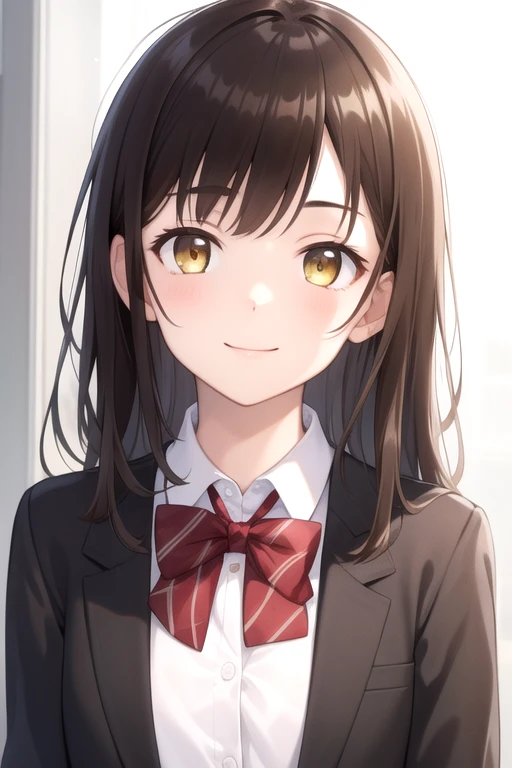 ((masterpiece)),(best quality),official art,extremely detailed CG,unity 8k wallpaper,ultra detailed,beautiful detailed eyes,extremely detailed face,1girl,solo,upper body,(portrait:1.5),looking at viewer,facing viewer,ogiwara sayu,smile,brown hair,long hair,yellow eyes,sidelocks,bangs,school uniform,black jacket,wing collar,open jacket,long sleeves,sleeves past wrists,black button,red bowtie,collared shirt,white shirt,grey skirt,pleated skirt,plaid skirt,black socks,loafers,<lora:Ogiwara Sayu(habristhsr)>,