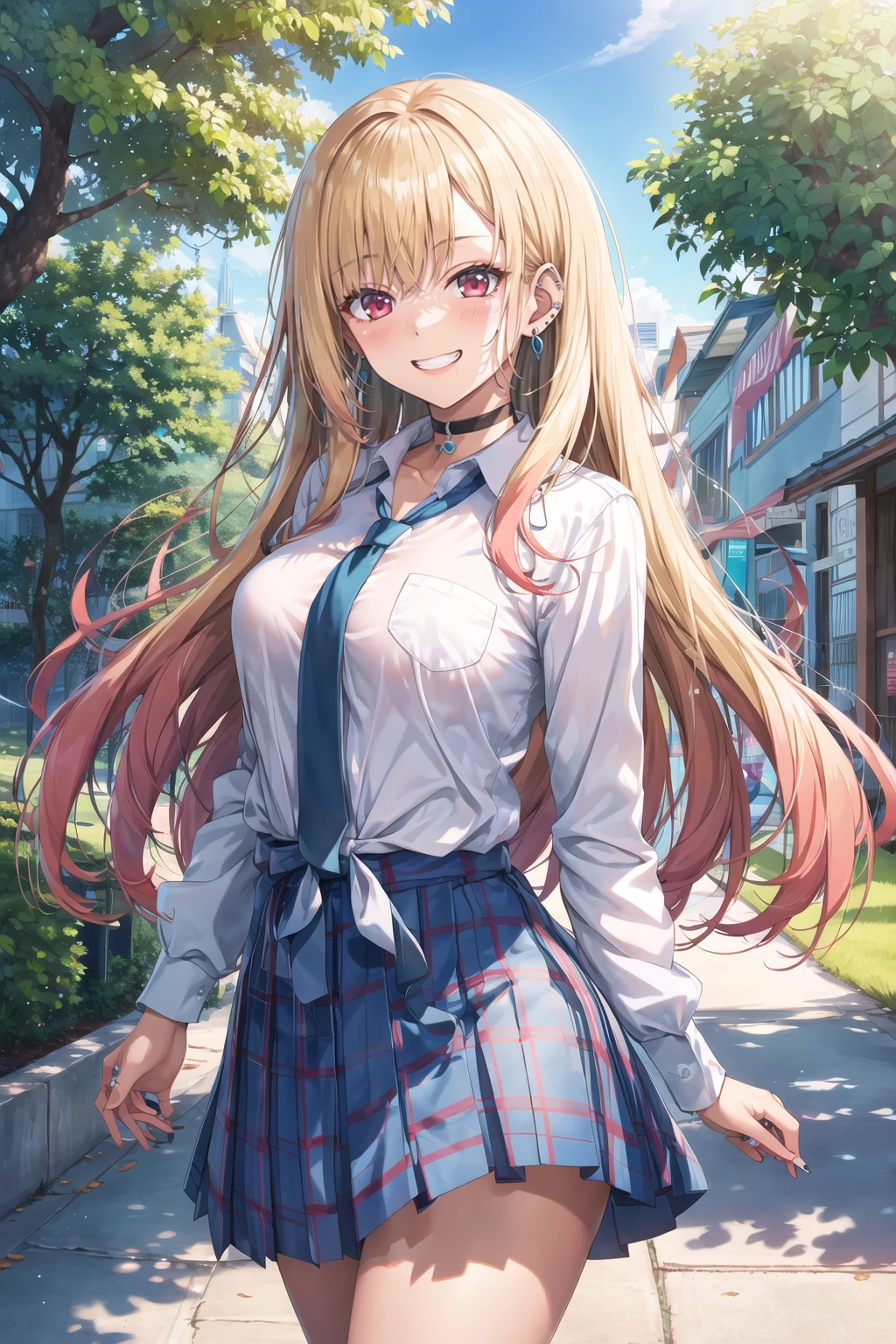masterpiece, best quality, highres, kitagawa marin, 1girl, blonde hair, long hair, multicolored hair, red eyes, jewelry, earrings, piercing, school uniform, white shirt, tied shirt, black choker, blue necktie, plaid skirt, <lora:kitagawa_marin_v1-1:0.7>, grin, smile, standing, cowboy shot, outdoors, blue skirt <lora:Tomose-Shunsaku-style_636960:1>