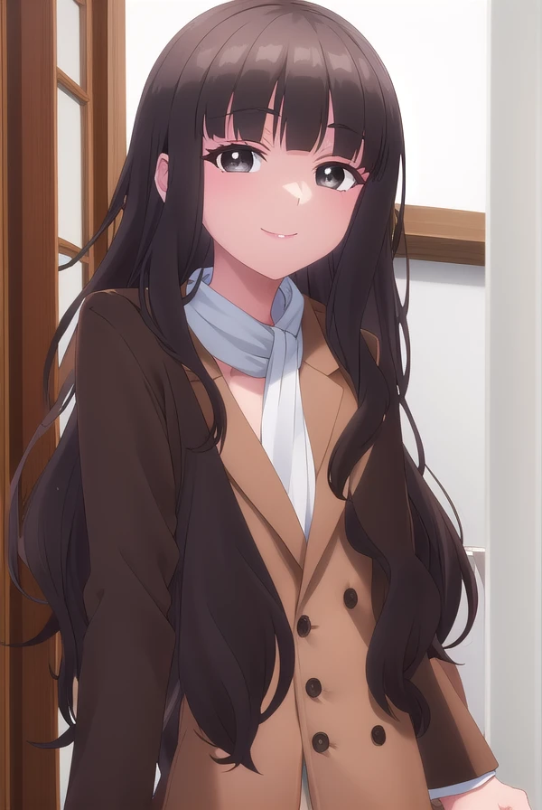 shihokofujimiya, <lora:shihoko fujimiya s1-lora-nochekaiser:1>,
shihoko fujimiya, long hair, bangs, black hair, (brown eyes:1.5), blunt bangs, wavy hair, smile,
BREAK shirt, jacket, white shirt, coat, brown jacket,
BREAK indoors,
BREAK looking at viewer, (cowboy shot:1.5),
BREAK <lyco:GoodHands-beta2:1>, (masterpiece:1.2), best quality, high resolution, unity 8k wallpaper, (illustration:0.8), (beautiful detailed eyes:1.6), extremely detailed face, perfect lighting, extremely detailed CG, (perfect hands, perfect anatomy),