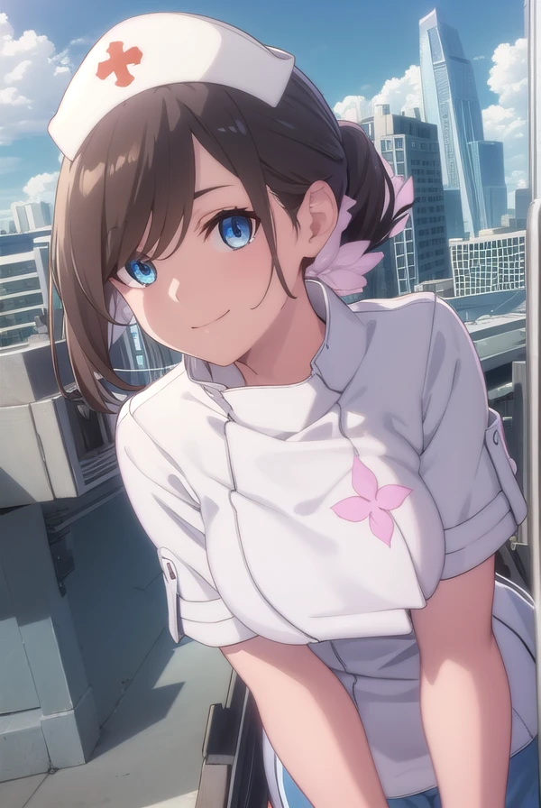 vjulif, <lora:v juli f hnu-lora-nochekaiser:1>,
v juli f, short hair, blue eyes, brown hair, flower, hair flower, smile,
BREAK hat, nurse cap, nurse, short sleeves,
BREAK outdoors, city, sun, clouds,
BREAK looking at viewer, (cowboy shot:1.5),
BREAK <lyco:GoodHands-beta2:1>, (masterpiece:1.2), best quality, high resolution, unity 8k wallpaper, (illustration:0.8), (beautiful detailed eyes:1.6), extremely detailed face, perfect lighting, extremely detailed CG, (perfect hands, perfect anatomy),