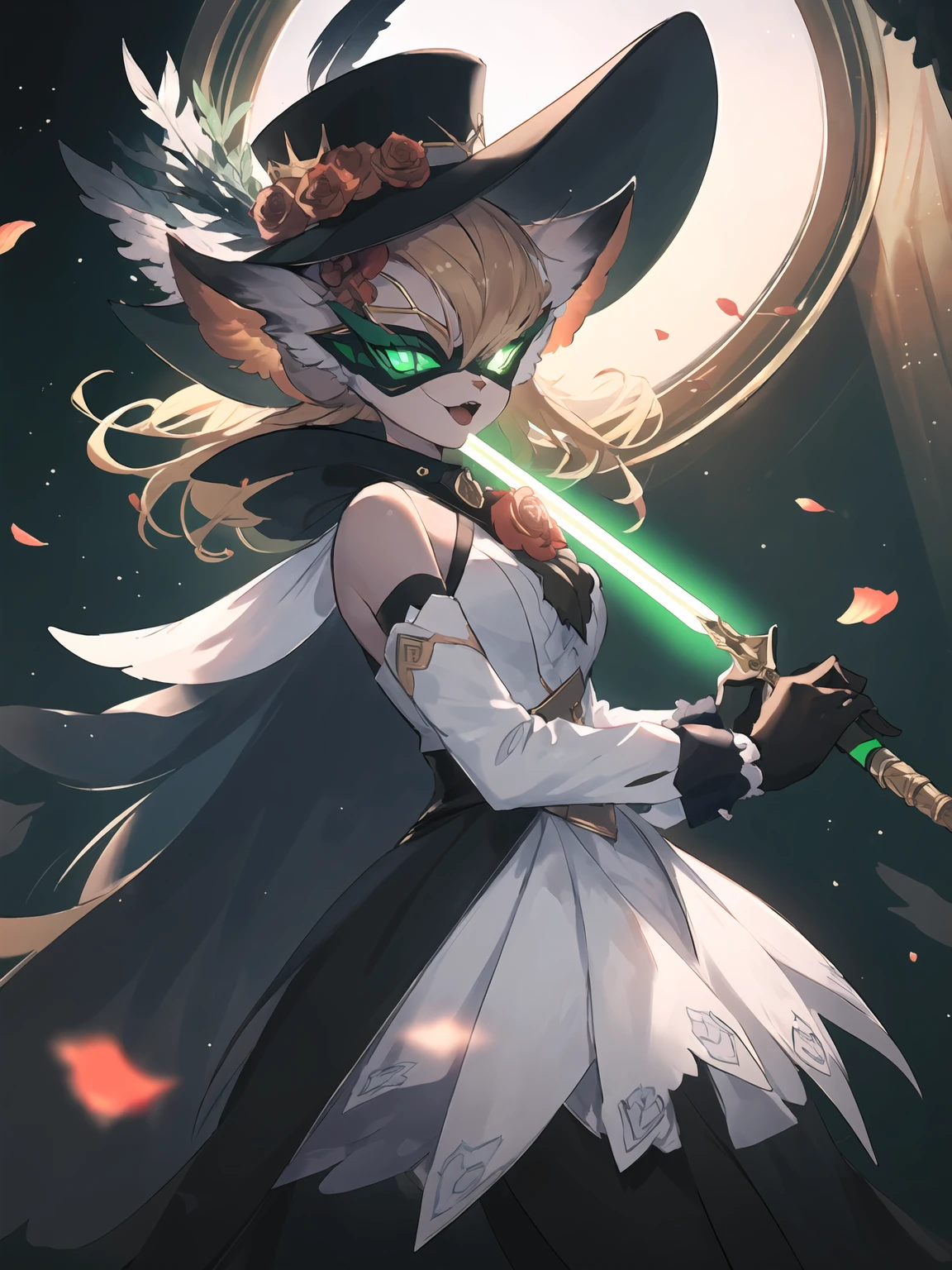 masterpiece,best quality,highres,cinematic lighting,dramatic angle,1girl,<lora:ShadowverseCosmosFangV2:0.8:lbw=jiangshi3>,furry,white vest,wide collar,black bodysuit,cape,blonde hair,looking at viewer,hat,feathers,mask,frills,hair flower,green eyes,:3,bare shoulders,elbow gloves,clothing cutout,juliet gloves,rose,gloves,highlight,jewelry,petals,night,dark sky,moonlight,depth of field,alternative2,animal ears,portrait,close-up,bowtie,holding weapon,sword,lightsaber,glowing,dynamic angle,dynamic pose,:d,indoors,high heels