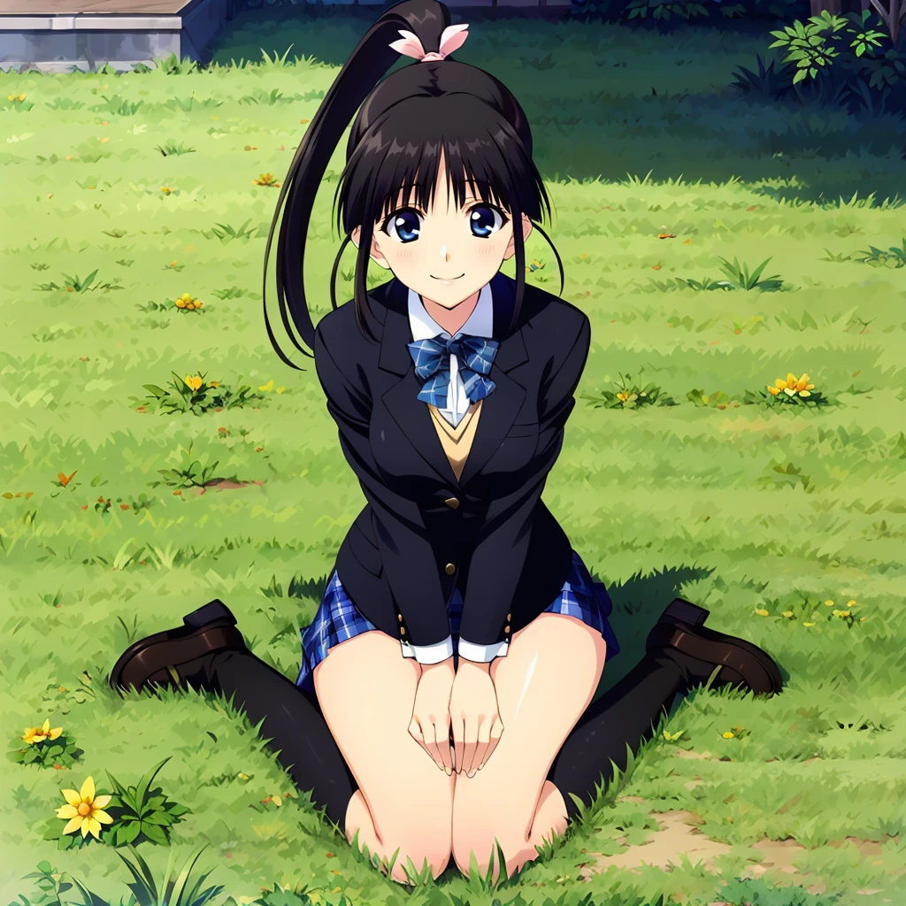 <lora:KoharuSugiura003:0.7>,looking at viewer,smile,
KoharuSugiura,1girl,solo,
high ponytail,blue eyes,(sidelocks:1.4),
school uniform,
bowtie,
black blazer,
plaid skirt,
full body,sitting,lawn,