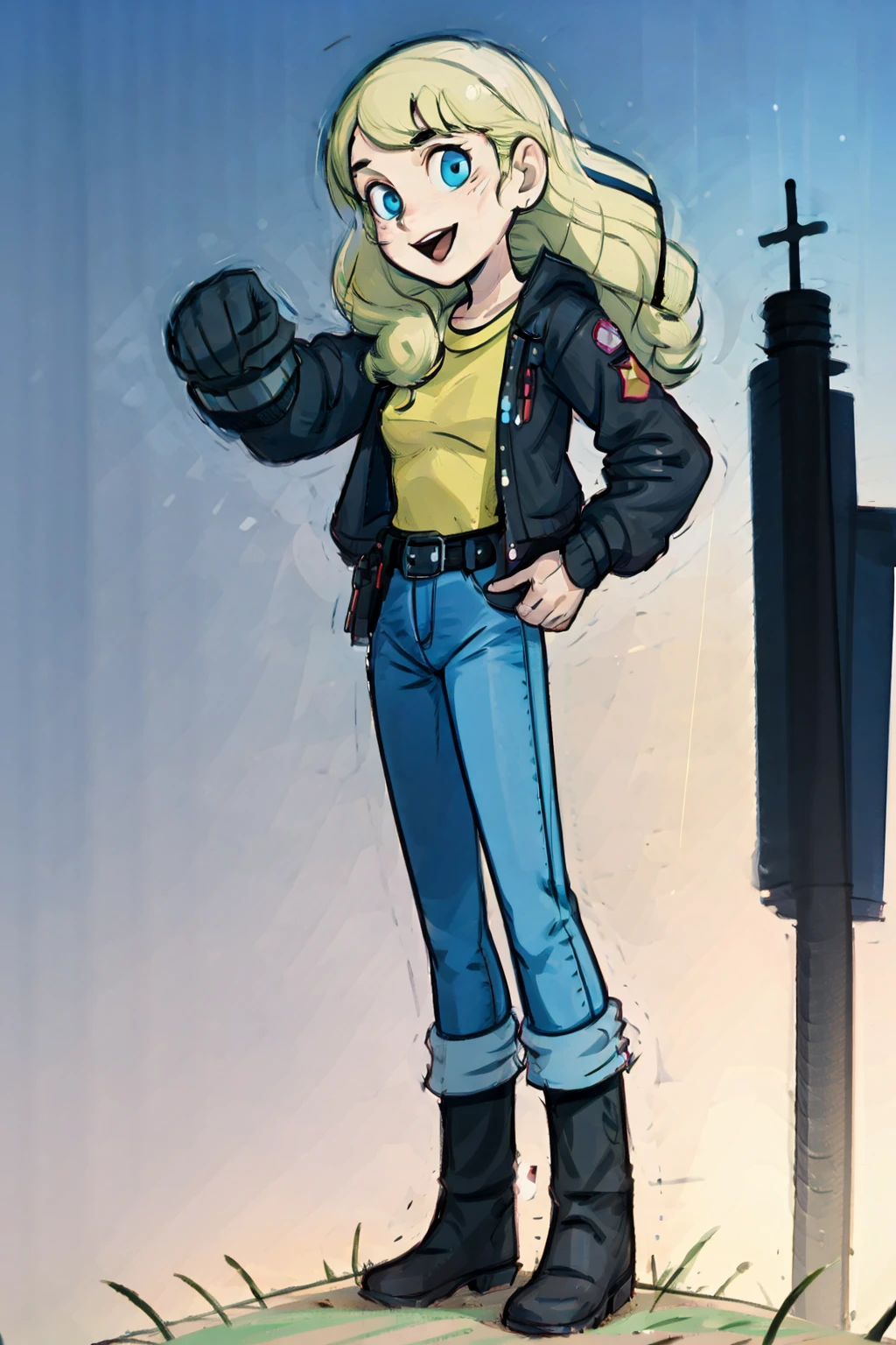 (masterpiece,best quality:1.2),1girl,samn,standing,hands on hips,full body,jeans,shirt,jacket,boots,single glove,belt,happy,:d,outdoors,in farmer's field,straight on, <lora:LORA-XenoDetailer-v2:0.1>, <lora:SamN:0.85>