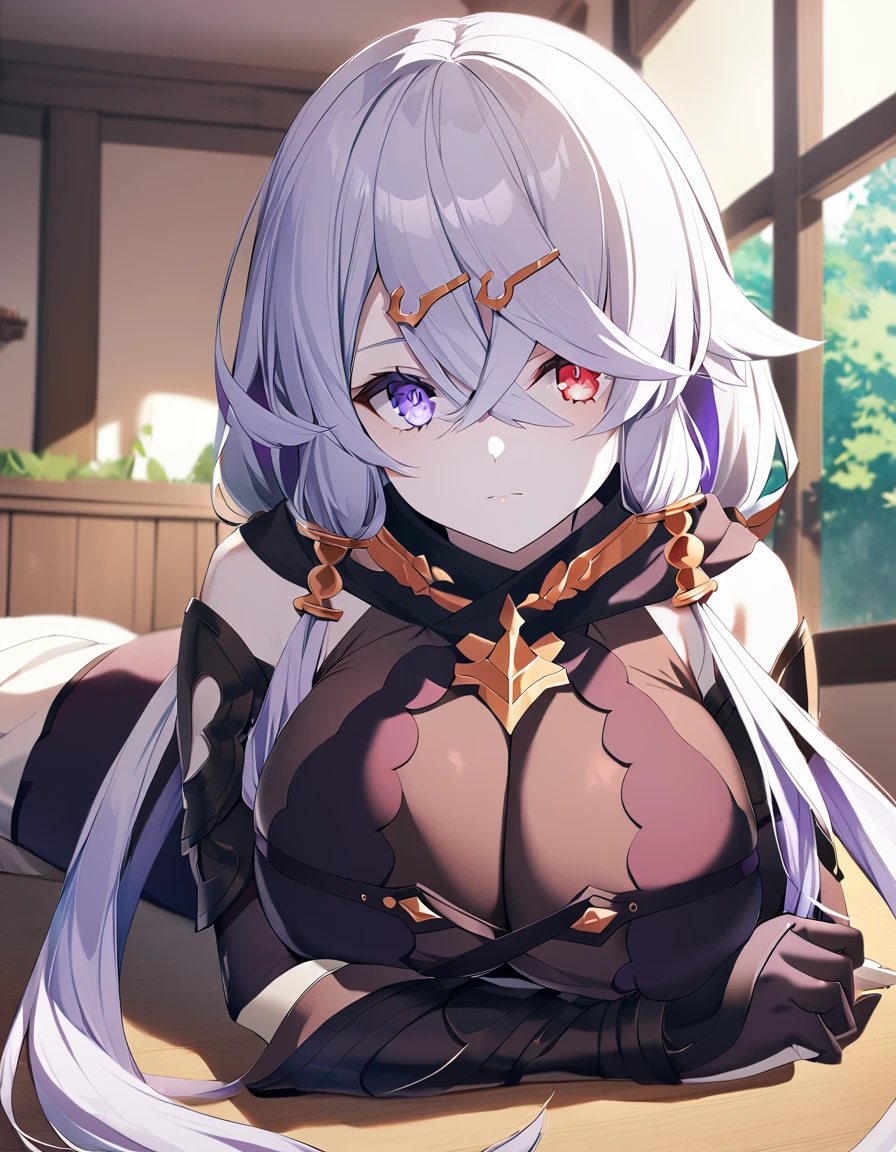 1girl, lila,breasts, heterochromia, large breasts, hair ornament, red eyes, indoors, long hair, crossed bangs, tree, twintails, pale skin, holding, bodysuit, closed mouth, bangs, cleavage, hair between eyes, low twintails, purple eyes, hairclip, white hair, bed, lying, on side, <lora:my_lilaXL:0.8>