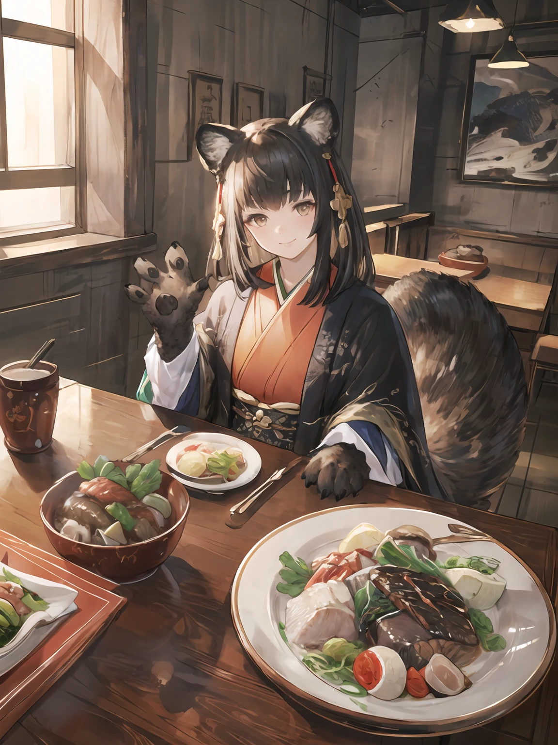 masterpiece,best quality,highres,cinematic lighting,dramatic angle,1girl,<lora:ShadowverseHozumiV3-000016:0.8:lbw=1,0.1,0.1,0.8,0.8,0.8,0.8,0.8,0.8,1,1,1,1,1,1,1,1>,animal hands,animal ears,black hair,brown eyes,japanese clothes,looking at viewer,smile,capelet,tail,head tilt,feast,food,table,sitting across table,pov,noodles,chinese restaurant