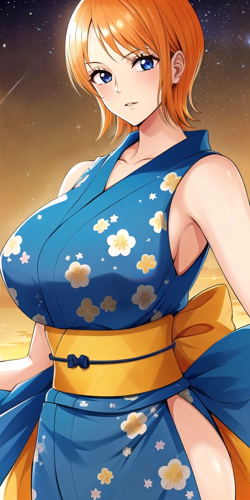 <lora:NamiV1:0.7> n4mi, huge_breasts, standing, solo, OGN4mi_short_hair, Blue_sleeveless_short_kimono_Floral_print_Orange_back_bow, starry_sky,, masterpiece, best quality, detailed face, detailed eyes, highres,