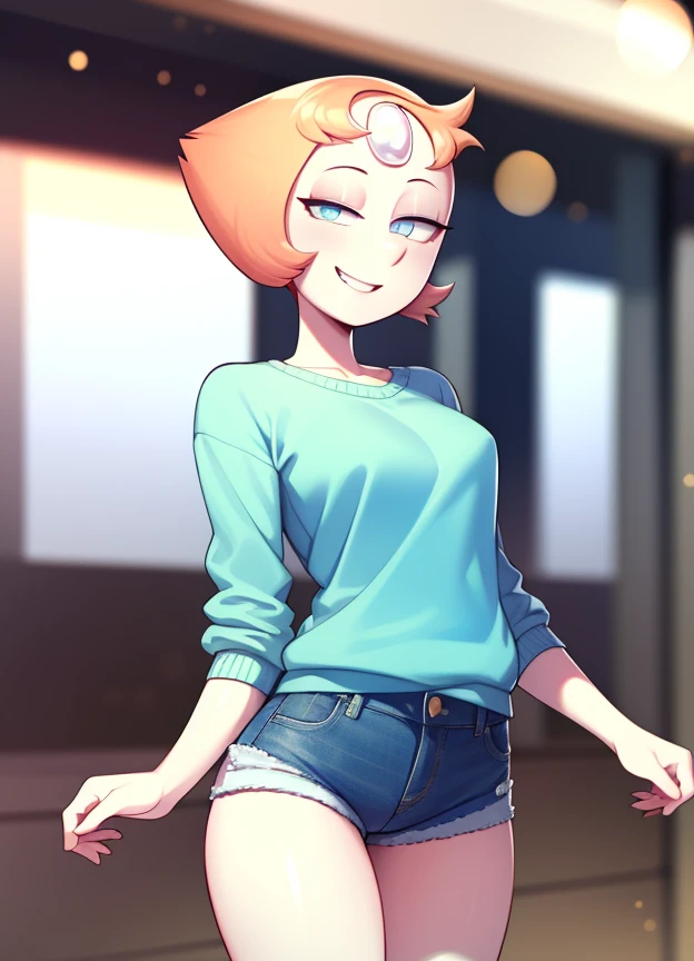 masterpiece, best quality, detailed eyes,
pearl /(steven universe/), forehead jewel, 
crazy smile,
denim shorts, sweater,
looking at viewer,
 <lora:pearl:0.7>