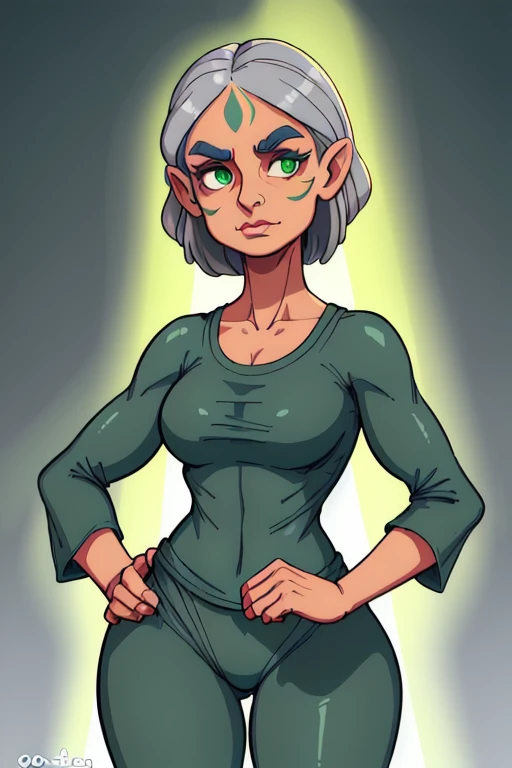 A old plain Chilean woman, sculpted facial features with tanned skin, soulful green eyes with thick eyebrows, a petite nose and defined cheekbones, luscious lips and defined jawline, with glowing iris and peaceful expression, wearing open grey activewear outfit, depth of field, god rays, vivid colors, cinematic hard lighting, smooth shadows