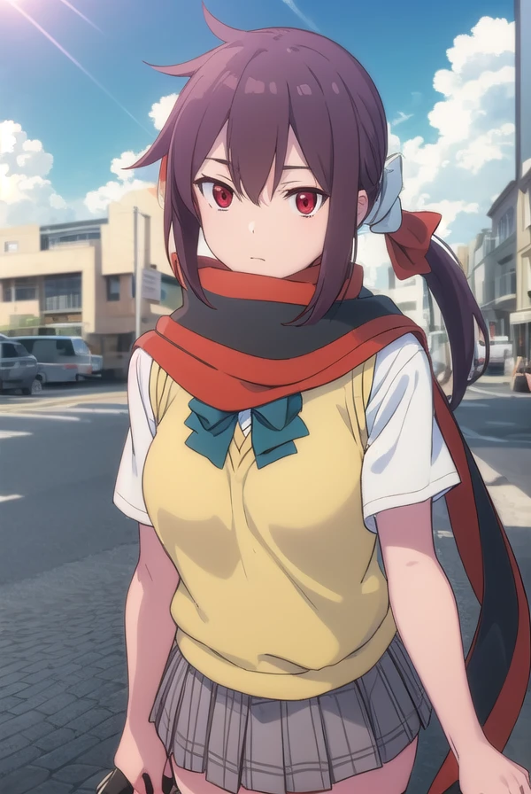 himeyarizakura, <lora:hime yarizakura hnu-lora-nochekaiser:1>,
hime yarizakura, long hair, brown hair, (red eyes:1.3), ponytail,
BREAK skirt, thighhighs, school uniform, pleated skirt, boots, scarf, zettai ryouiki, sweater vest,
BREAK outdoors, city, sun, clouds,
BREAK looking at viewer, (cowboy shot:1.5),
BREAK <lyco:GoodHands-beta2:1>, (masterpiece:1.2), best quality, high resolution, unity 8k wallpaper, (illustration:0.8), (beautiful detailed eyes:1.6), extremely detailed face, perfect lighting, extremely detailed CG, (perfect hands, perfect anatomy),