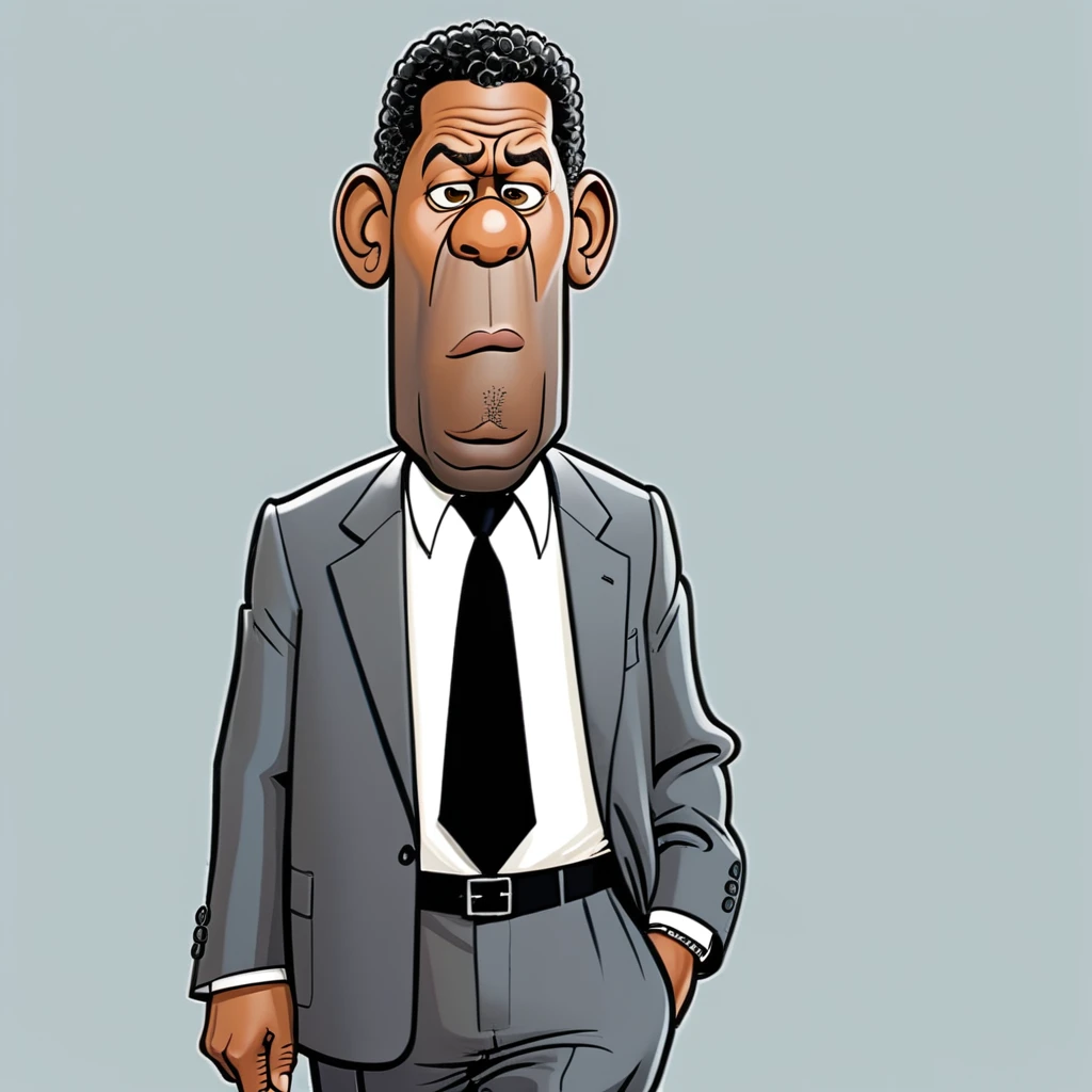cartoon of Denzel Washington walking , in donmartin style, caricature, jealous facial expression, caricature, HQ, high resolution, crisp lines, detailed eyes and lips <lora:DonMartin_StyleXLv6.6:0.85> <lora:add-detail-xl:0.04> <lora:xl_more_art-full_v1:0.05>