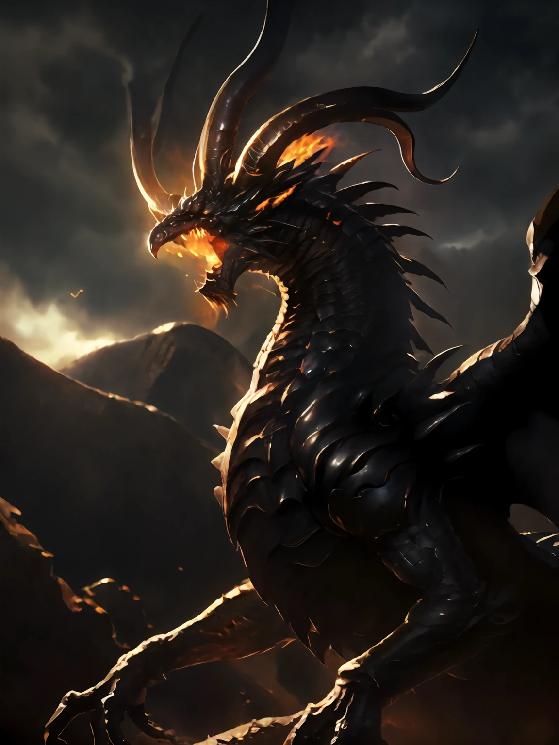 masterpiece,best quality,highres,cinematic lighting,dramatic angle,no humans,dragon,<lora:BahamutV1:0.8> ,horns,monster,flames,open mouth,dark clouds,looking at viewer,straight-on,glowing eyes,wings,claws,scales,darkness,dark,black clouds,dark sky,molten rock,hypnosis,