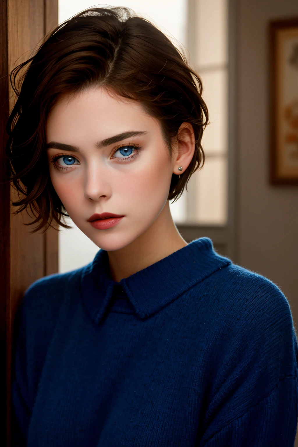 masterpiece, best quality, 1girl, <lora:Donna:.8> donna, makeup, lipstick, short hair, dark hair, blue eyes,