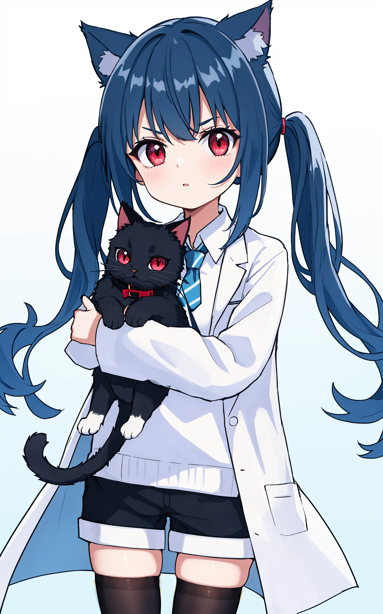 1girl, cat girl, solo, red eyes, cat ears, blue hair, long hair, bangs, twintails, eyebrows visible through hair, sidelocks, parted lips, looking at viewer, holding cat, black cat, open clothes, necktie, labcoat, white shirt, collared shirt, long sleeves, black shorts, white legwear, thighhighs, standing, gradient, gradient background,best quality,amazing quality,very aesthetic,absurdres,