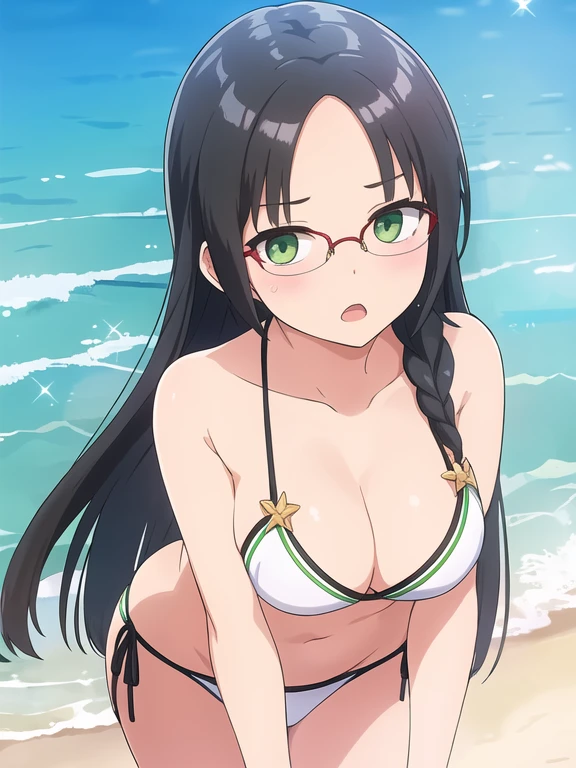 best quality, (masterpiece:1.2), highly detailed, (masterpiece), (illustration),
beach, sunlight,
standing, (face focus:1.2), face, upper body, bent over,
white bikini,
1girl, solo, long hair, glasses, green eyes, black hair, breasts, braid, sparkle, semi-rimless eyewear, medium breasts, bangs, glint, hair ornament, lens flare,
shy, blush, (looking at viewer), open mouth,
<lora:Kaede:0.7>