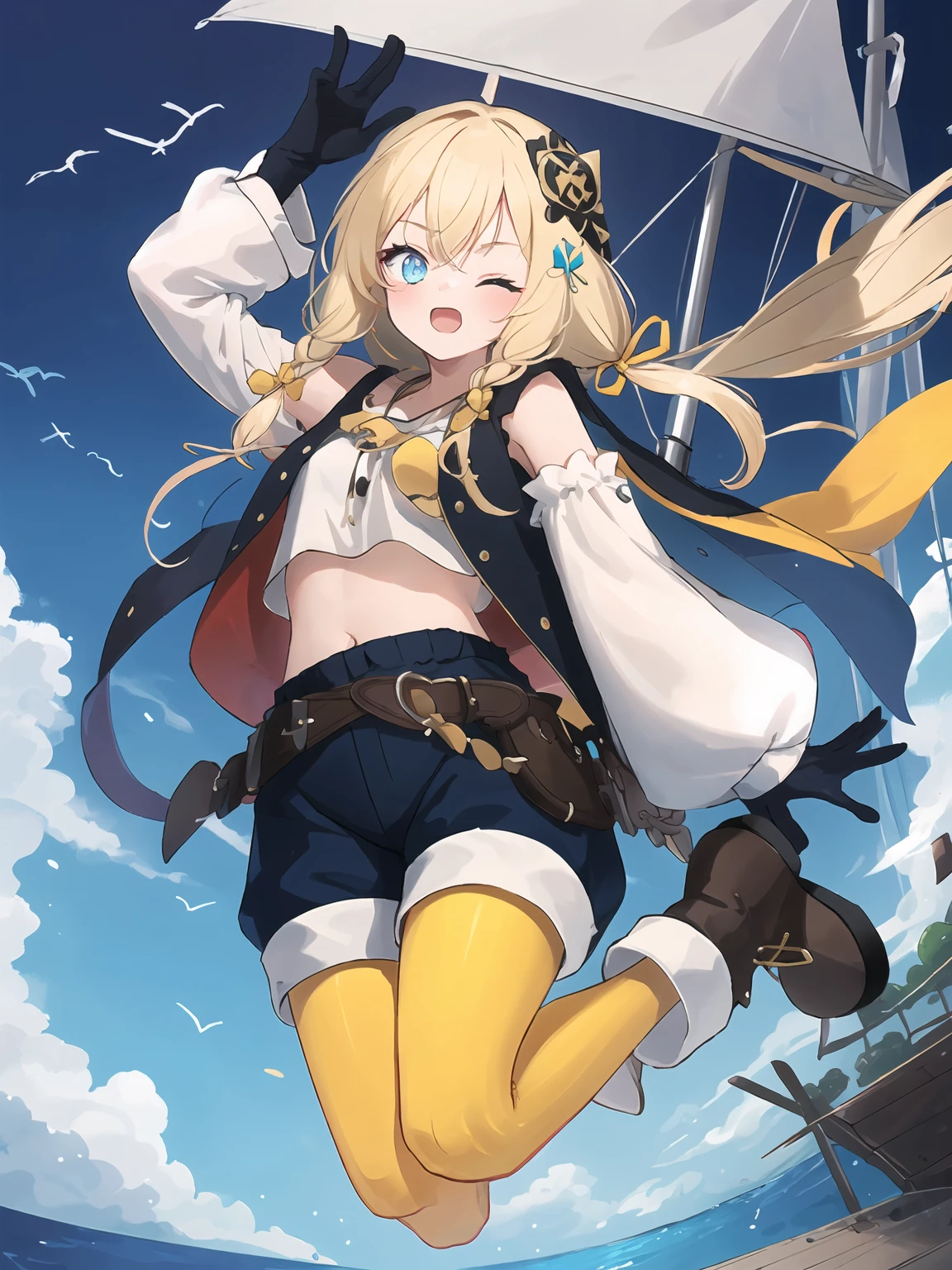 masterpiece,best quality,highres,cinematic lighting,dramatic angle,1girl,<lora:ShadowverseDeepseaScoutV2-000020:0.8:lbw=1,0.1,0.1,0.2,0.2,0.2,0.2,1,1,1,1,1,1,1,1,1,1>,head scarf, blonde hair,star-shaped pupils,blue eyes,vest,white shirt,telescope,shorts,yellow pantyhose,gloves,looking at viewer,on ship,ocean,braids,detached sleeves,belt,boots,hair ornament,sheath,bowtie,happy,:3,shy,glowing eyes,jumping,one eye closed