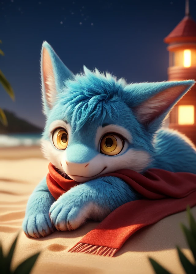 ([by Kakure Eria, by Kiyosan, by Dobrota, by Nsfwzhenya::0.25]),
(quadruped feral chibi), (shark puppy:1.25),
(fluffy, shark fin, blue fur, yellow eyes, red scarf:1.25),
(lying on front, half-length portrait, three-quarter view:1.15),
(detailed background, depth of field, shadow, sunlight, ambient silhouette, backlighting:1.3),
BREAK,
(beach, water, plant, night, light house, building),
masterpiece, best quality, ultra realistic, 4k, 2k, (intricate:0.9), (high detail:1.25),
film photography, soft focus, RAW photo, photorealistic, analog style,
 subsurface scattering, photorealism, absurd res