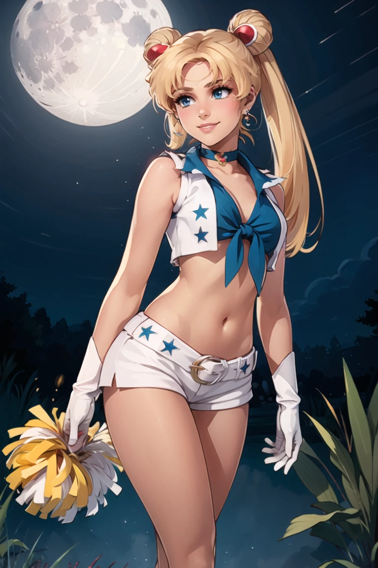 <lora:Dallas_Cowboys_Cheerleaders_Anime:0.5>, Dallas_Cowboys_Cheerleaders, 1girl, solo, shorts, midriff, short shorts, navel, white shorts, tied shirt, front-tie top, crop top, boots, belt, cheerleader, vest, earrings, jewelry, gloves, white footwear,((masterpiece,best quality)), 1girl, aausagi, double bun, twintails, parted bangs, circlet, jewelry, earrings, choker, <lora:sailor_moon_v1:0.7>, standing, cowboy shot, night, outdoors, moon, smile,