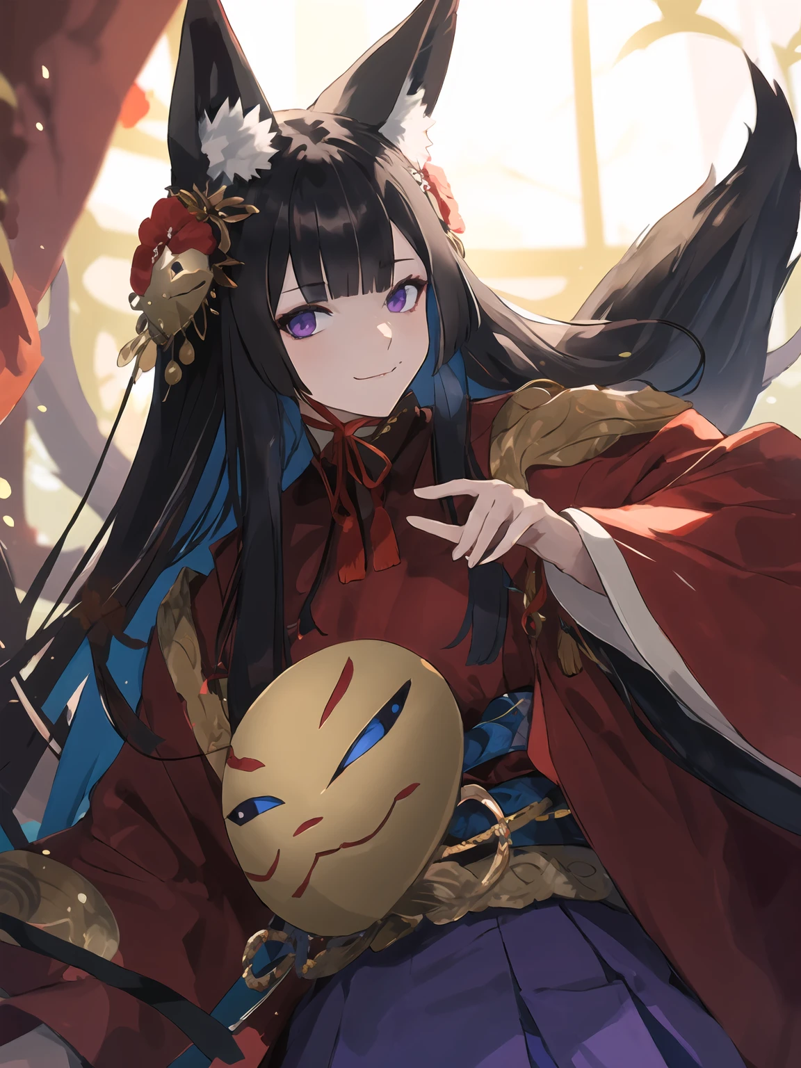 masterpiece,best quality,highres,cinematic lighting,dramatic angle,1girl,animal ears,hair ornament,<lora:ShadowverseGinsetsuV3-1-000013:0.8:lbw=1,0.8,0.1,1,1,0.2,0.2,1,1,1,1,1,1,1,1,1,1>,japanese clothes,purple skirt,red dress,clothing cutout,wide sleeeves,(holding mask,mask removed:1.2),mask,tails,looking at viewer,evil smile,glowing eyes,head tilt,:3,black hair,