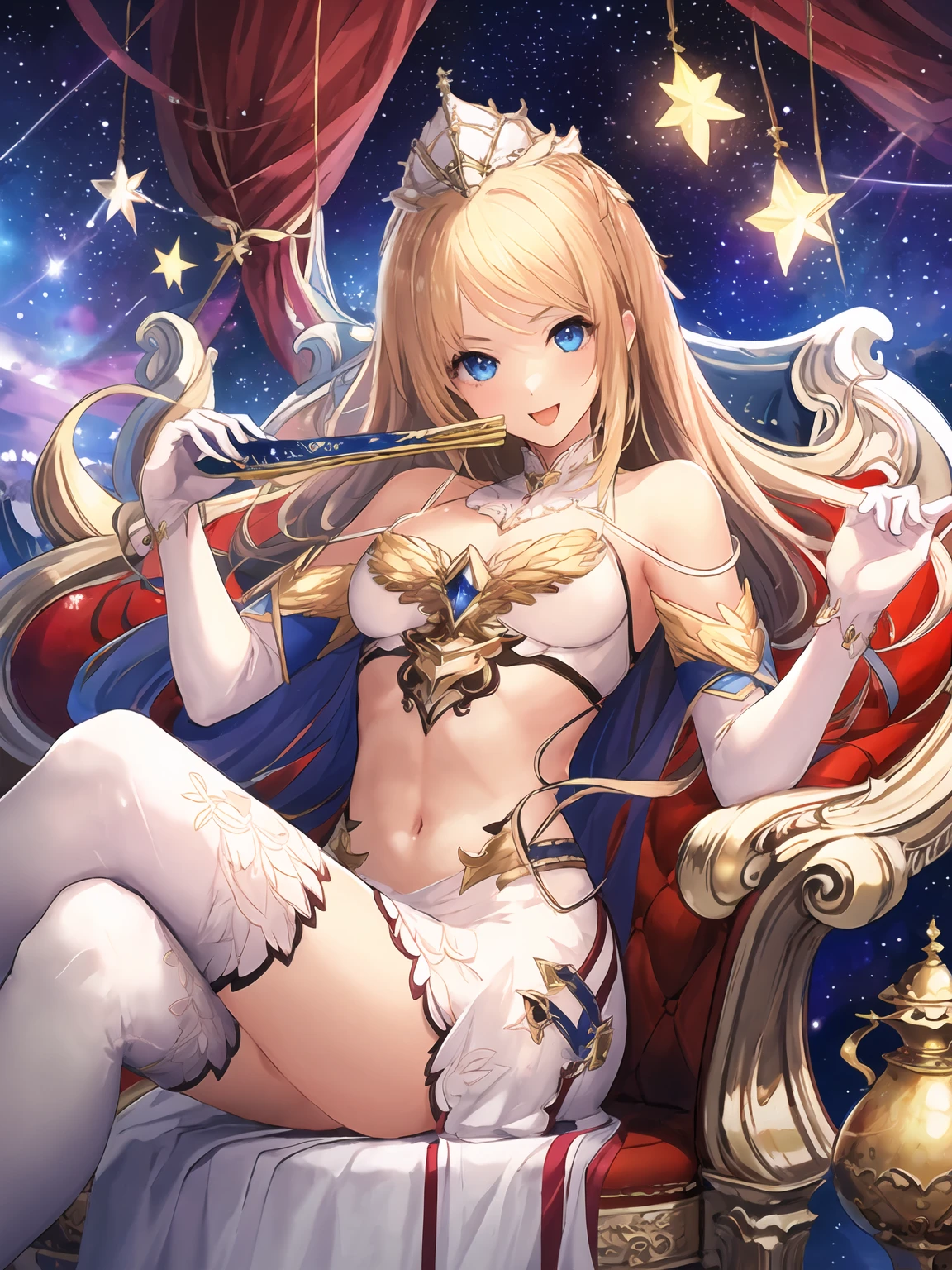 masterpiece,best quality,highres,cinematic lighting,dramatic angle,1girl,<lora:ShadowverseCassiopeiaV1:0.8:lbw=jiangshi3>,blonde hair,blue eyes,crown,hair ornament,white dress,clothing cutout,bare shoulders,elbow gloves,hand fan, folding fan,holding,thighhighs,looking at viewer,:d,seductive pose,navel,sitting,legs crossed,gold trim,galaxy,milky way,star \(sky\),