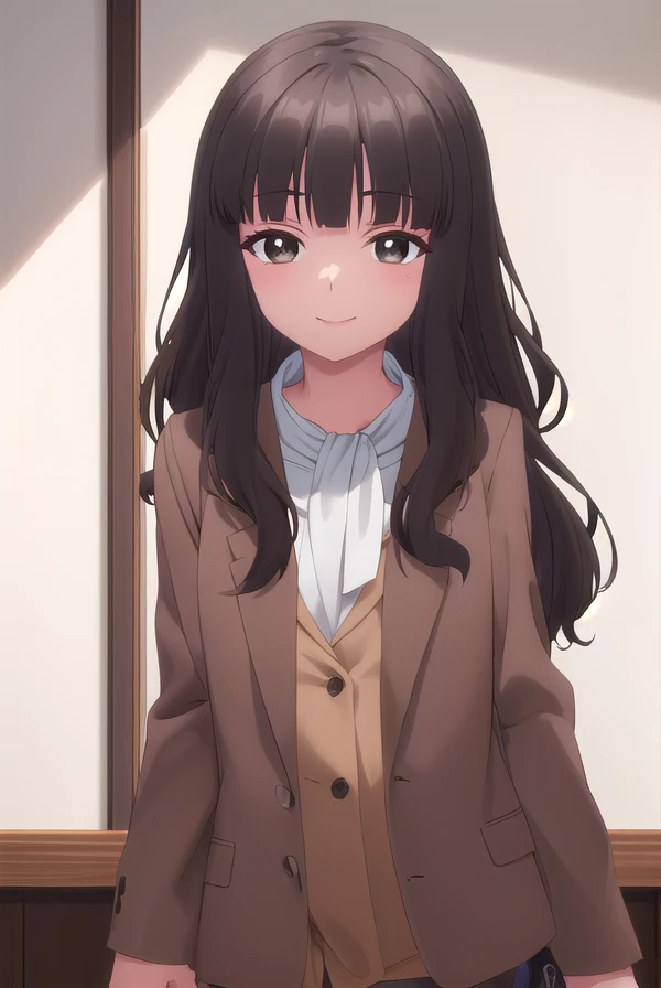 shihokofujimiya, <lora:shihoko fujimiya s1-lora-nochekaiser:1>,
shihoko fujimiya, long hair, bangs, black hair, (brown eyes:1.5), blunt bangs, wavy hair, smile,
BREAK shirt, jacket, white shirt, coat, brown jacket,
BREAK indoors,
BREAK looking at viewer, (cowboy shot:1.5),
BREAK <lyco:GoodHands-beta2:1>, (masterpiece:1.2), best quality, high resolution, unity 8k wallpaper, (illustration:0.8), (beautiful detailed eyes:1.6), extremely detailed face, perfect lighting, extremely detailed CG, (perfect hands, perfect anatomy),