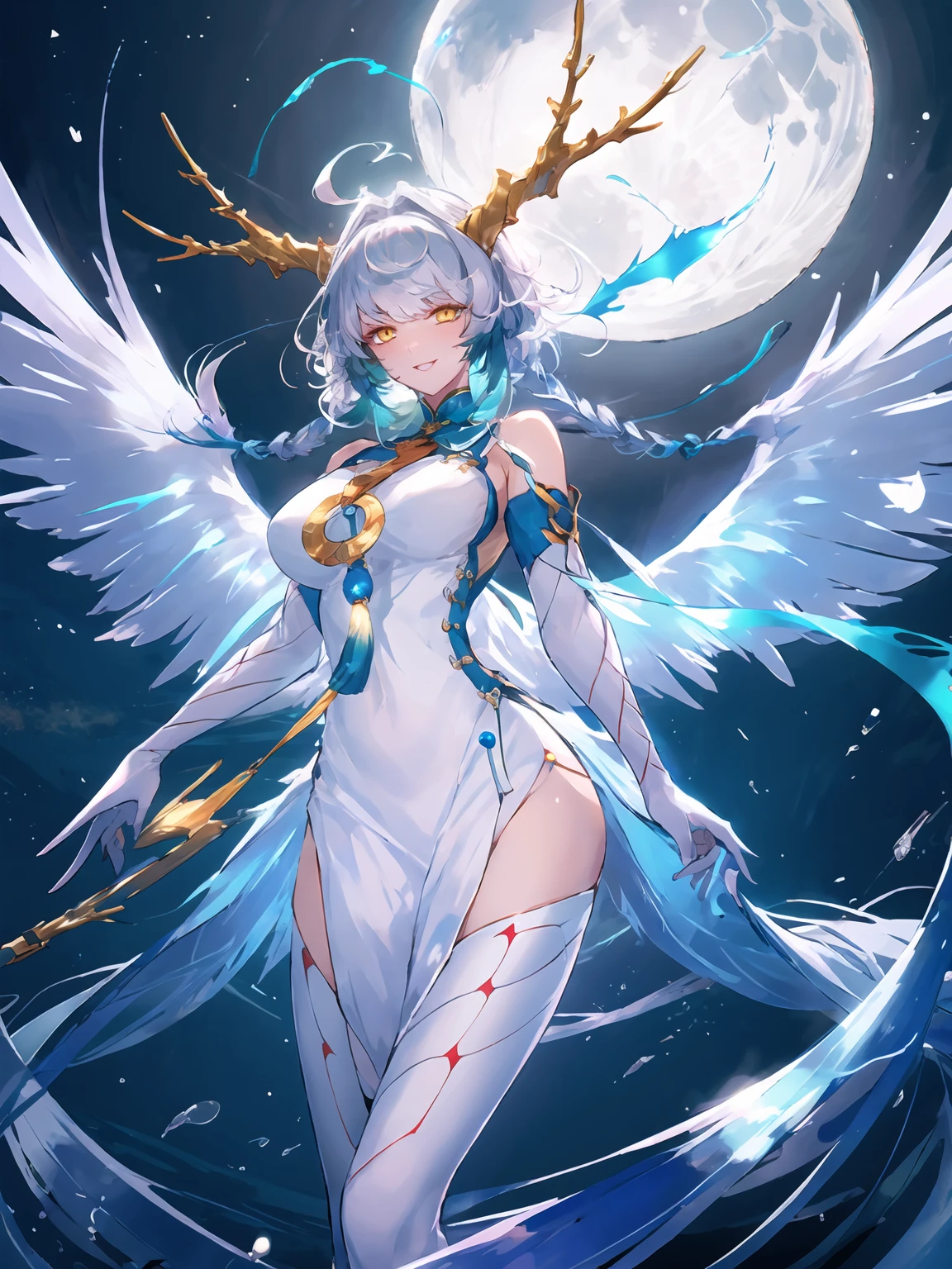 masterpiece,best quality,highres,cinematic lighting,dramatic angle,1girl,white hair,gradient hair,horns,yellow eyes,glowing eyes,looking at viewer,white dress,bare shoulders,scales,wings,tail,thighhighs,elbow gloves,shaded face,<lora:ShadowverseSilongDividedV11-000030:0.8:lbw=forte>,pelvic curtain,evil smile,parted lips,tassel,moon,from below,braids,holding opened fan,shanzi