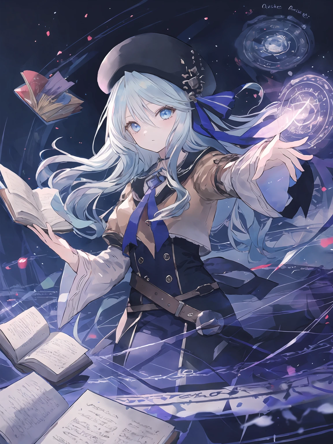 masterpiece,best quality,highres,cinematic lighting,dramatic angle,1girl,<lora:ShadowverseAmaryllisV1:0.8>,light blue hair,blue eyes, brown shirt,black and purple dress,white sleeves,ribbon,hat,looking at viewer,bow,belt,sailor collar,holding book,outstretched hand, spread fingers,casting spell,dark magic,sad,expressionless,shaded face,glowing eyes,magic circle,aura,runes