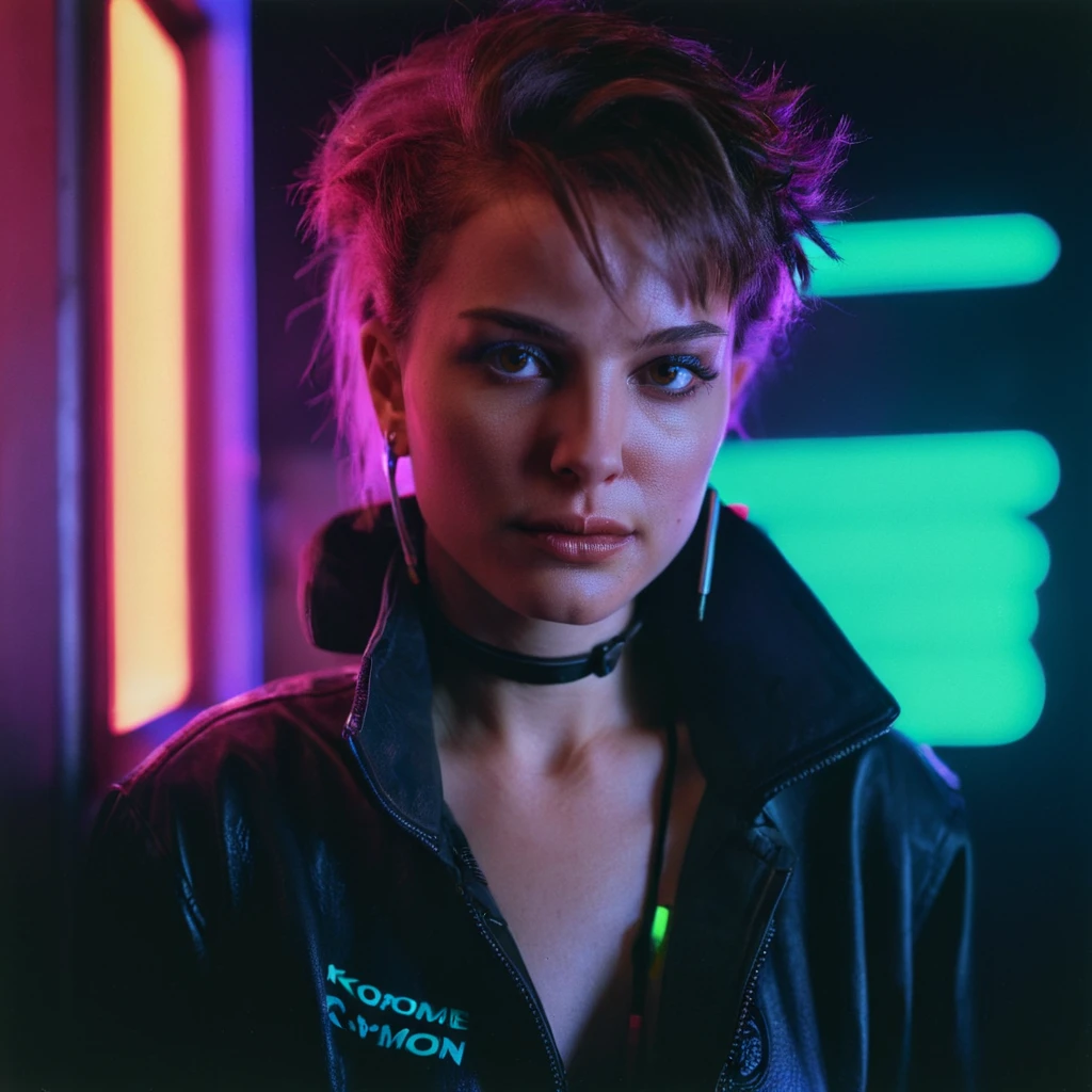 woman,portrait,kodachrome, neon, cyberpunk, <lora:natportman_2_xl_5_standard-merger_46_51_58_90_02_03_03_02:1>
