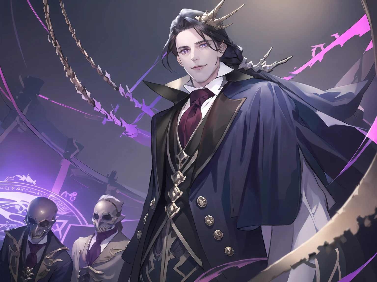 masterpiece,best quality,highres,cinematic lighting,dramatic angle,multiple boys,<lora:ShadowverseCorneliusV1-000025:1:lbw=jiangshi3>,black hair,hair ornament,purple eyes,single white braid,bone,necktie,white shirt,black suit,capelet,mature male,evil smile,shaded face,glowing eyes,looking at viewer,holding cane,standing,close-up,portrait,minions,necromancer,(from below:1.3),magic circle,depth of field