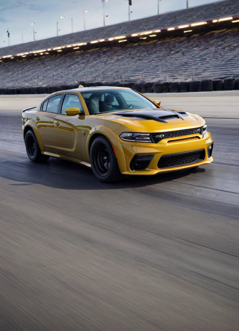 yellow chargerhellcatsrt driving at a race track, action scene, in motion, tire smoke, dust, motion blur, dramatic scene, spotlight,
<lora:ChargerHellcatSDXL:1>