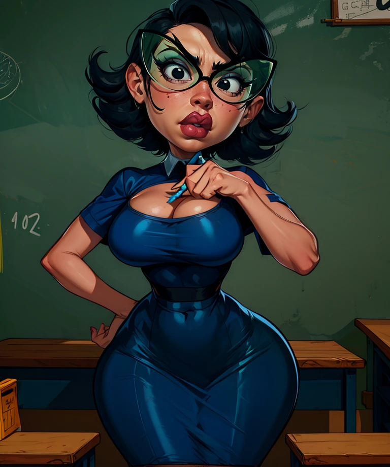 eleanor,black hair,medium hair,black eyes,lips,serious,curvy,skin tight,
collared blue dress,short sleeves,green-tinted eyewear,cleavage cutout,
classroom,chalkboard,desk,from below,
standing,
(insanely detailed, masterpiece, best quality)solo,<lora:eleanorbutterbean-11GABMv8:0.9>,