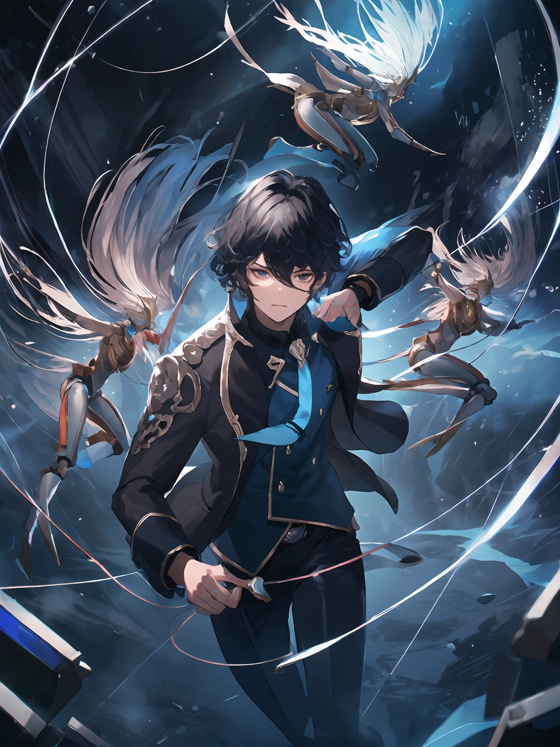 masterpiece,best quality,highres,cinematic lighting,dramatic angle,1boy,<lora:ShadowverseLyelthV3-000030:0.8>,black hair,black eyes,black suit,blue jacket,necktie,looking at viewer,expressionless,holding strings,fingernails,dolls,puppets,marionette,fighting stance,dynamic angle,magic,depth of field,glowing