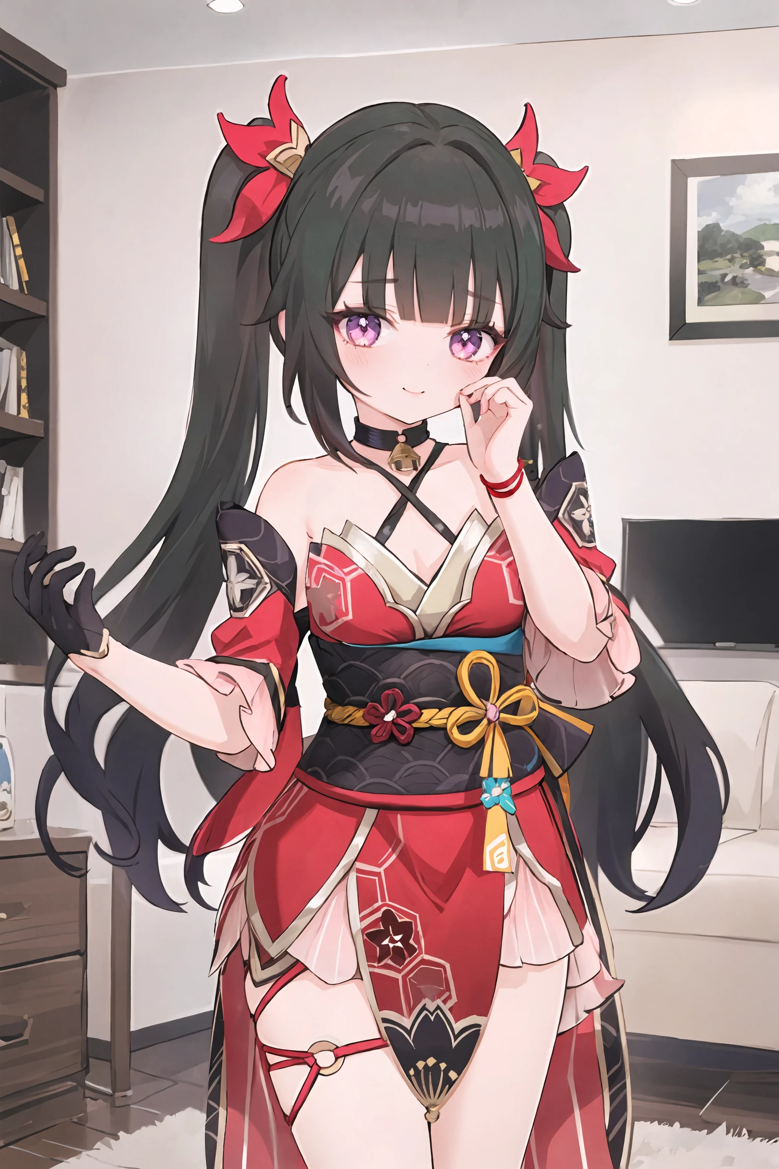 ((masterpiece, best quality)),high resolution, ultra detailed,8k,16k, detailed background, perfect lighting,detailed beautiful eyes,1girl,solo,nsfw,embarrassed,blush,look at viewer,steam,sweat, bottomless,fisheye lens,(from above:1.1),
standing,(show off pussy,cowboy shot,from front,skirt lift,evil smile:1.4),open mouth,in heat,sparkle \(honkai: star rail\),twintails, hair ornament,off shoulder kimono, mask on head, detached sleeves, choker, obi, single glove, wristband, criss-cross halter, thigh strap,short stature,little_girl,small breast,black hair,twintail,red eye,(anime style:1.2),hotel room,night