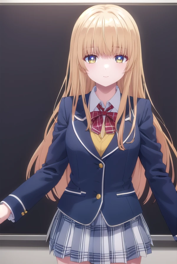 mahirushiina, <lora:mahiru shiina s1-lora-nochekaiser:1>,
mahiru shiina, long hair, bangs, blonde hair, brown hair, (yellow eyes:1.3), smile,
BREAK skirt, bow, school uniform, jacket, pleated skirt, plaid, plaid skirt, blazer, cardigan, blue blazer, (red bowtie:1.2),
BREAK indoors, classroom,
BREAK looking at viewer, (cowboy shot:1.5),
BREAK <lyco:GoodHands-beta2:1>, (masterpiece:1.2), best quality, high resolution, unity 8k wallpaper, (illustration:0.8), (beautiful detailed eyes:1.6), extremely detailed face, perfect lighting, extremely detailed CG, (perfect hands, perfect anatomy),