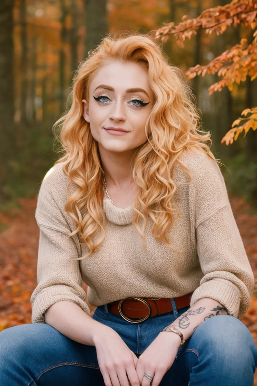 a RAW photo, closeup portrait of janetdevlin, blonde, wearing sweater, jeans pants, belt, autumn forest, looking at viewer <lora:JanetDevlin:0.9>