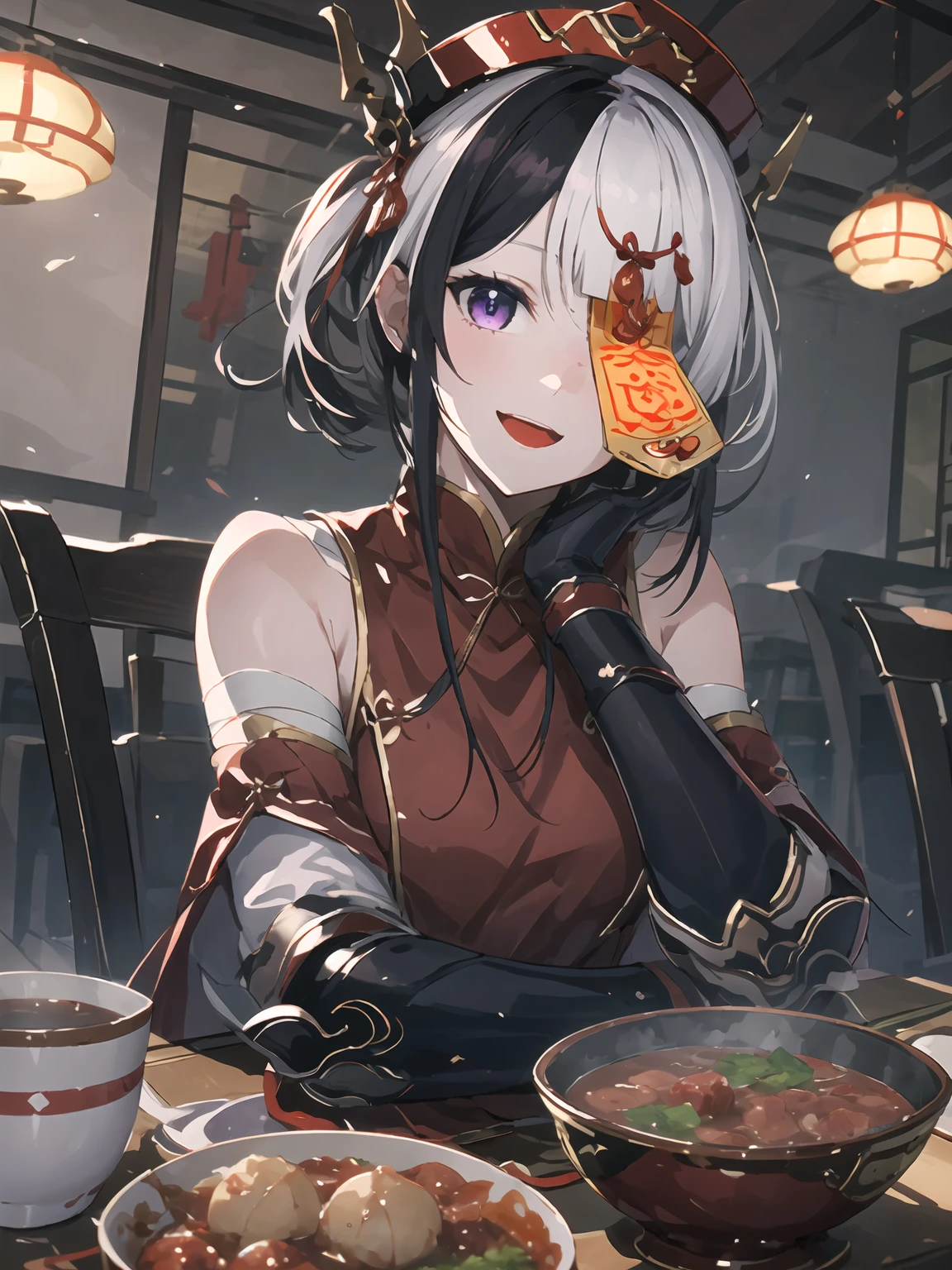 masterpiece,best quality,highres,cinematic lighting,dramatic angle,1girl,<lora:ShadowverseFightingJiangshiV14:0.8:lbw=jiangshi3>,black hair,white hair,two-tone hair,hat,qing guanmao,hair ornament,twintails,purple eyes,ofuda,ofuda over one eye,one eye covered with ofuda,looking at viewer,red chinese clothes,bare shoulders,gauntlets,bandaged arms,:d,across table,table,chinese restaurant,dumplings,soup,meat balls,noodles,vegetable,food,happy,arm support,hand on own cheek,sitting,chair,head tilt