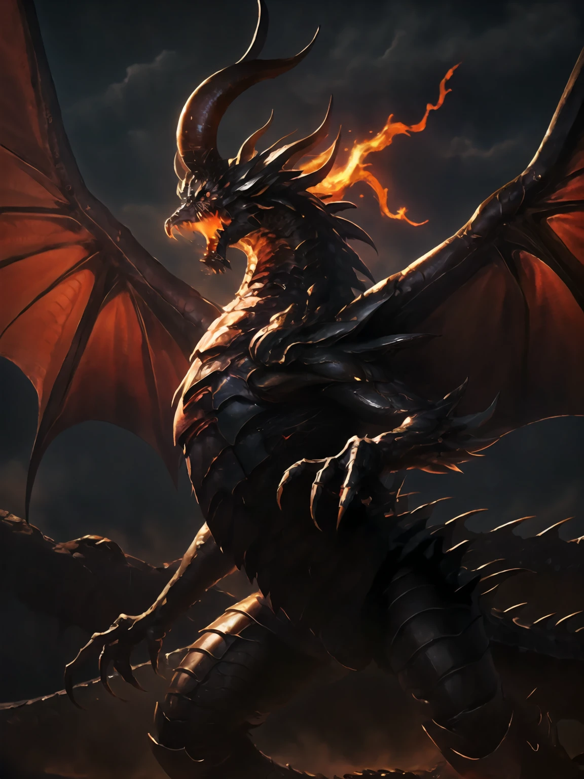 masterpiece,best quality,highres,cinematic lighting,dramatic angle,no humans,dragon,<lora:BahamutV1:0.8> ,horns,monster,flames,open mouth,dark clouds,looking at viewer,straight-on,glowing eyes,wings,claws,scales,darkness,dark,black clouds,dark sky,molten rock,hypnosis,