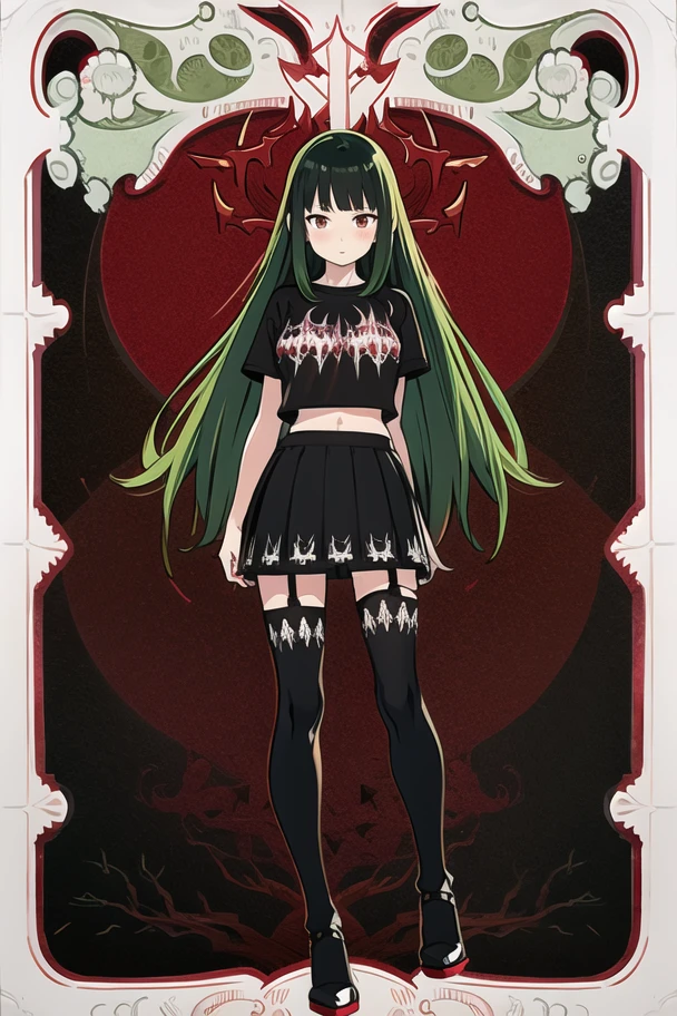 a full body shot of girl standing on a plain red background, <lora:animetarotV51:1>
1girl, solo, standing, looking at viewer, realist, shy, blush
very long hair, lime green hair, red eyes
exposed arms and shoulders, black shirt, (print on shirt:1.2), (black metal print shirt:1.4), <lora:DeathMetal:1>, (underboob:1.2), navel, midriff
skirt
(wihte:1.2), white thighhighs, black high-heels