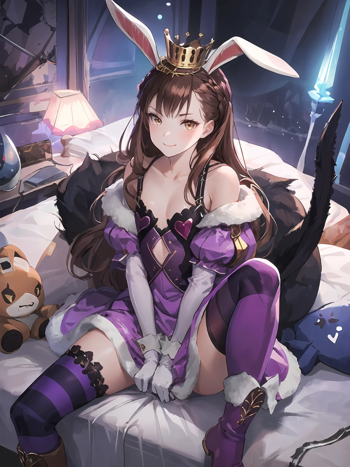 masterpiece,best quality,highres,cinematic lighting,dramatic angle,1girl,<lora:DarkAliceV1:0.8:lbw=jiangshi3>,brown hair,rabbit ears,hair ornament,looking at viewer,smile,brown eyes,purple dress,elbow gloves,cleavage,thighhighs,shards,fur trim,striped,small breasts,flat chest,collarbone,frills,crown,hair ornament,heart-shaped decorations,ribbon,evil smile,shaded face,glowing eyes,absolute realm,sitting on bed,hugging stuffed toy,spread legs,pink boots,puffy sleeves,tail,cross-laced clothes,clothing cutout