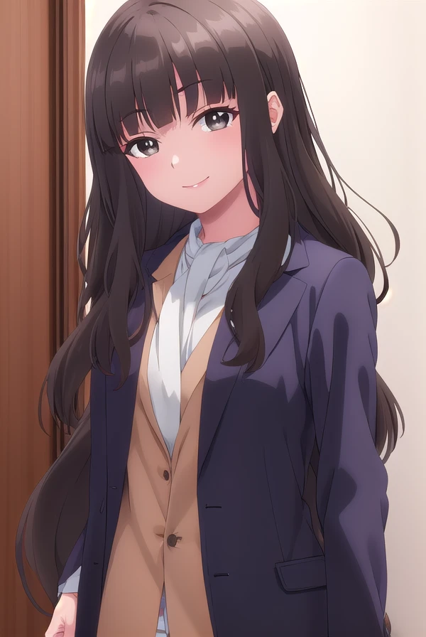 shihokofujimiya, <lora:shihoko fujimiya s1-lora-nochekaiser:1>,
shihoko fujimiya, long hair, bangs, black hair, (brown eyes:1.5), blunt bangs, wavy hair, smile,
BREAK shirt, jacket, white shirt, coat, brown jacket,
BREAK indoors,
BREAK looking at viewer, (cowboy shot:1.5),
BREAK <lyco:GoodHands-beta2:1>, (masterpiece:1.2), best quality, high resolution, unity 8k wallpaper, (illustration:0.8), (beautiful detailed eyes:1.6), extremely detailed face, perfect lighting, extremely detailed CG, (perfect hands, perfect anatomy),