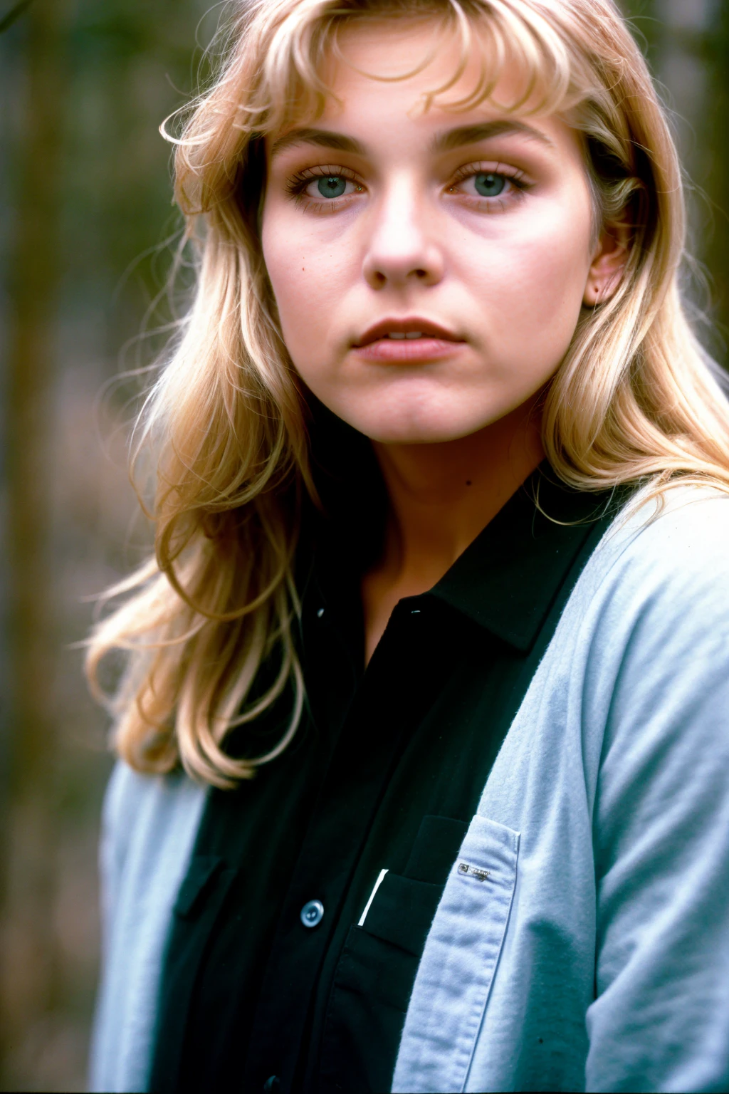 masterpiece, best quality, 8k RAW photo, (film grain:1.5), <lora:Laura:.8> laurapalmer, blonde hair, black shirt, analog, pine trees, forest, mountain, fog, looking at viewer, gentle,