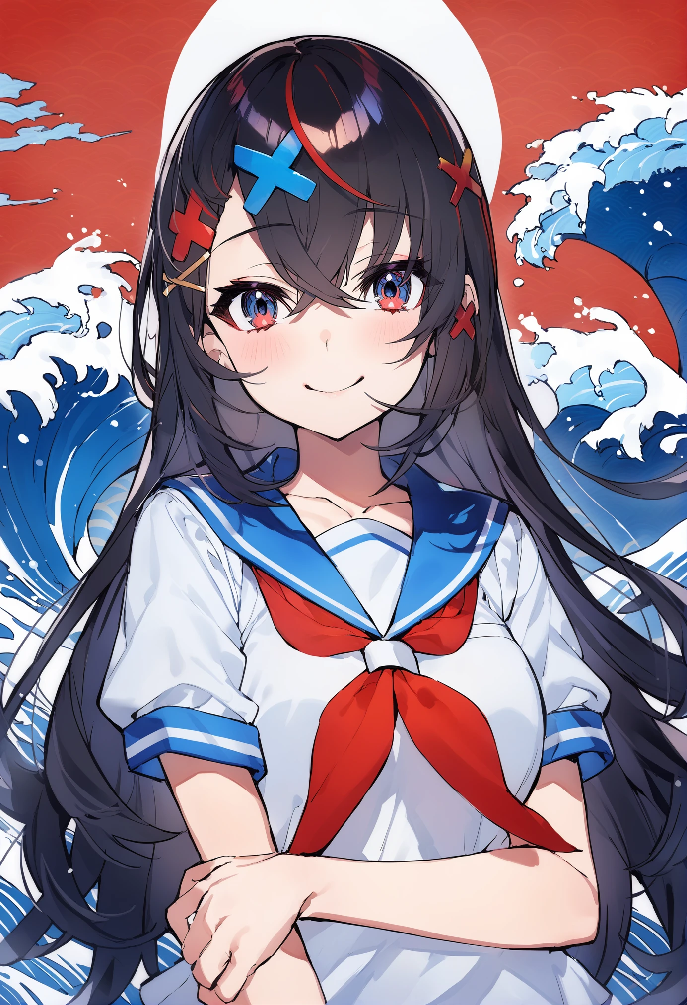 masterpiece, best quality, <lora:MikaPikazoXL_V1:1> 1girl, smile, solo, neckerchief, black hair, long hair, hair ornament, red neckerchief, sailor collar, short sleeves, waves, upper body, looking at viewer, red eyes, shirt, mount fuji, school uniform, egasumi, white shirt, collarbone, serafuku, hairclip, closed mouth, x hair ornament, bangs, blue sailor collar, blush, blue eyes, hair between eyes, seigaiha