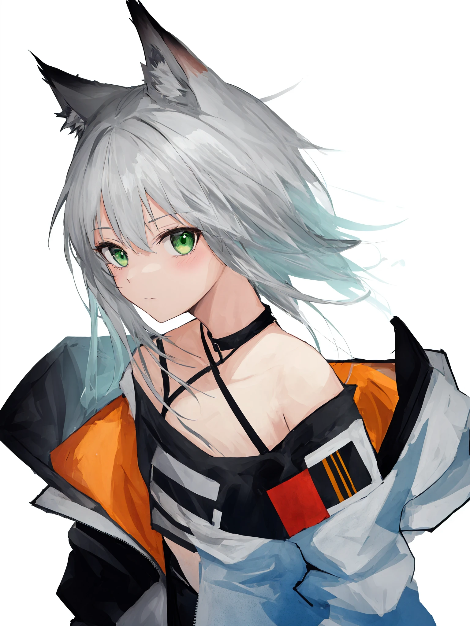 1girl, solo, kal'tsit \(arknights\), green eyes,short hair, silver hair, animal ear fluff, animal ears, bangs, closed mouth, looking at viewer, bare shoulders, armband, strapless, off shoulder, bandeau, jacket, simple background, tube top, upper body, white background,best quality,amazing quality,very aesthetic,absurdres,