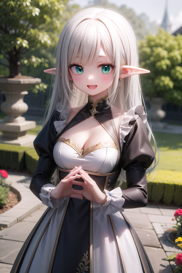 insanely detailed, absurdres, ultra-highres, ultra-detailed, best quality,
1girl, solo, nice hands, perfect hands
BREAK
elf girl, (wearing dress with many frills:1.2), (nsfw:-1.5), (navel:-1)
BREAK
happy smile, laugh, open mouth
BREAK
standing, cowboy shot, looking at viewer
BREAK
slender, kawaii, perfect symmetrical face, ultra cute girl, ultra cute face, ultra detailed eyes, ultra detailed hair, ultra cute, ultra beautiful
BREAK
fantasy world, garden of castle, depth of field, ultra detailed background
BREAK
large breasts, cleavage,
BREAK
silver hair, long hair, elf ear, green eyes