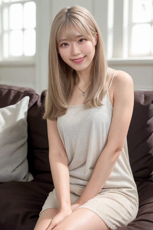 1girl, solo,(beige long camisole:1.4),(RAW photo, best quality), (realistic, photo-realistic:1.4), masterpiece, an extremely delicate and beautiful, extremely detailed, 2k wallpaper, Amazing, finely detail, extremely detailed CG unity 8k wallpaper, ultra-detailed, highres, soft light, beautiful detailed girl, extremely detailed eyes and face, beautiful detailed nose, beautiful detailed eyes,(soft light:1.8),(in the living room:2.0),perfect anatomy,(slender body:2.0),(close up face:1.4),(gently smile,Friendly, warm:2.0),(looking at viewer:1.8),(japanese idol:1.8),(brown eyes:1.8),(shoulder length hair:1.8),(sitting ont the sofa:1.8), <lora:sekinehitomi_lora-17:0.8>