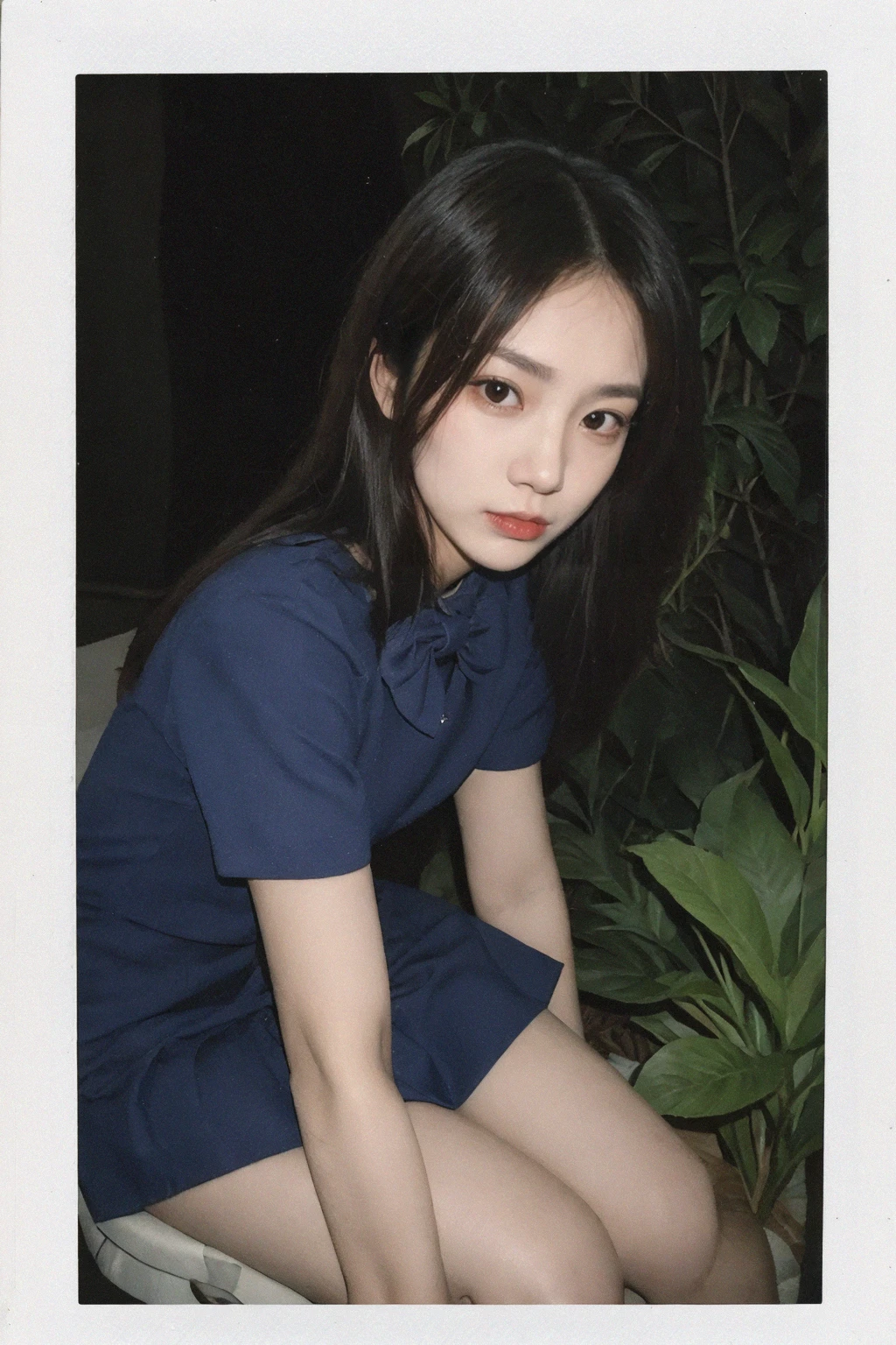 best quality,masterpiece,ultra high res,(photorealistic:1.3),8K,raw photo,natural skin texture,dynamic pose,top model,((((film grain)))),((((Polaroid)))),posing,young woman,bend over,from the side,(sfw),outdoors,garden,flower shop; mole under eye,(short-sleeved JK_shirt),JK_style,(dark blue JK_skirt),(bow JK_tie),<lora:InstantPhotoX3:0.3>,<lora:microwaistV05:0.3>,<lora:Squeezer2:0.3>,<lora:FilmG3:0.5>,<lora:depth_of_field_slider_v1:5>,<lora:jk uniform:0.5>,<lora:cosmetic_surgery_face_v10:1>,