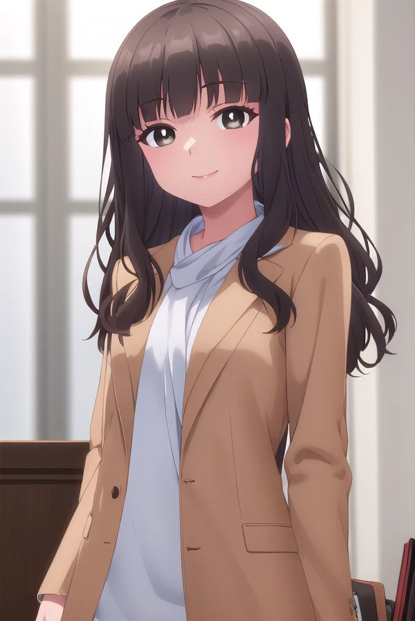 shihokofujimiya, <lora:shihoko fujimiya s1-lora-nochekaiser:1>,
shihoko fujimiya, long hair, bangs, black hair, (brown eyes:1.5), blunt bangs, wavy hair, smile,
BREAK shirt, jacket, white shirt, coat, brown jacket,
BREAK indoors,
BREAK looking at viewer, (cowboy shot:1.5),
BREAK <lyco:GoodHands-beta2:1>, (masterpiece:1.2), best quality, high resolution, unity 8k wallpaper, (illustration:0.8), (beautiful detailed eyes:1.6), extremely detailed face, perfect lighting, extremely detailed CG, (perfect hands, perfect anatomy),