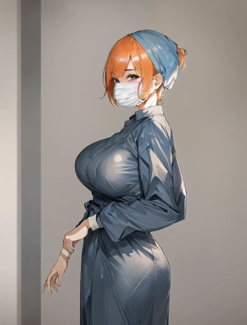 ((masterpiece, best quality, high quality)),1girl, (lower body, hospital), <lora:Surgical uniform:0.9> (surgical_uniform, mask, long sleeves, surgical mask,long dress, latex gloves,hat covering hair, hat,hair cover), <lora:Isako Narita:0.4> (1girl, 3dcg 06, bangs, crossed bangs, eyebrow_through_hair, grey eyes, hairband, huge breasts, isako narita, mature_female, orange hair, short hair, sidelocks, solo),